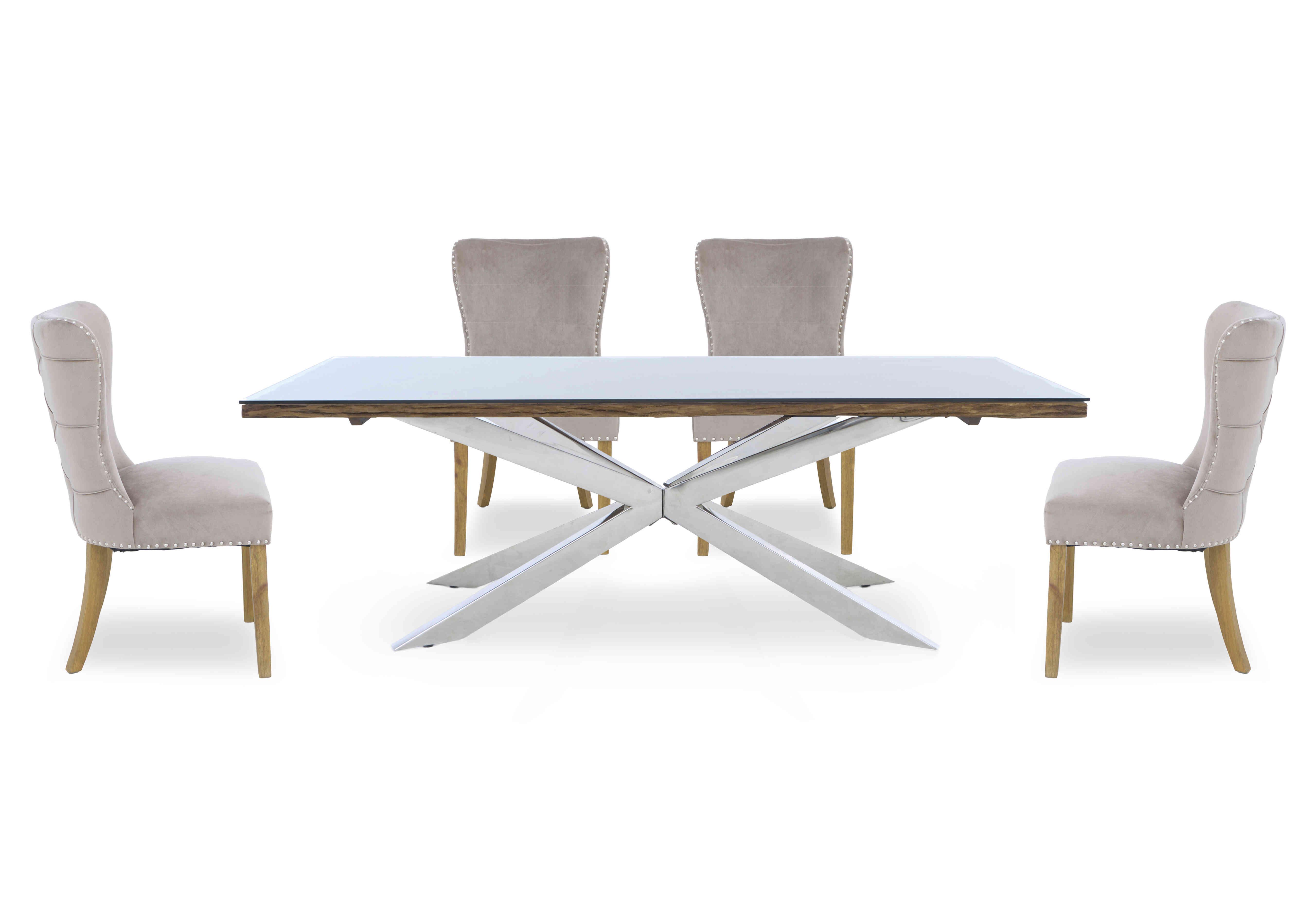 Kiara Large Rectangular Dining Table with Chrome Legs and 4 Luxe Fabric Dining Chairs in  on Furniture Village