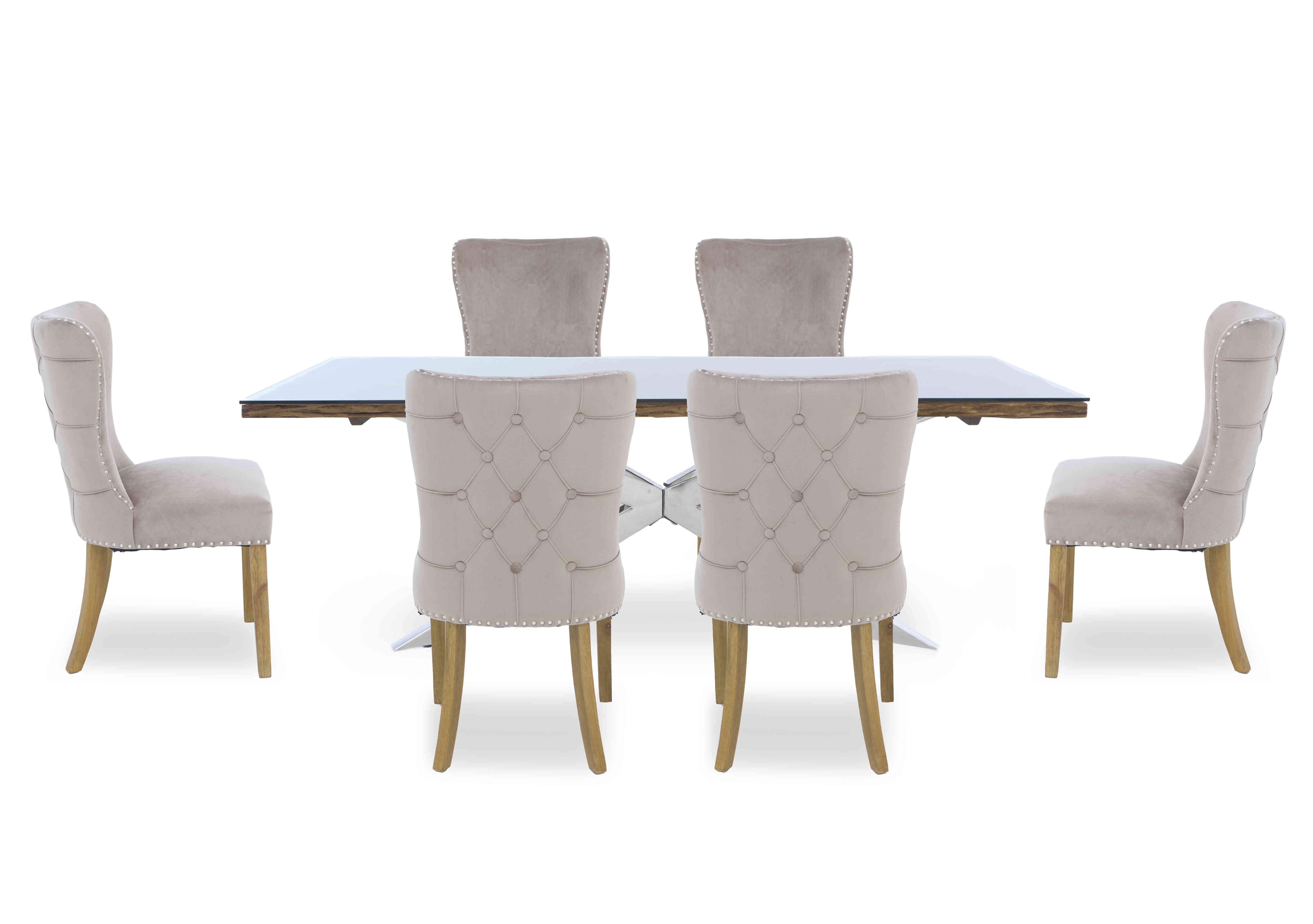 Kiara Large Rectangular Dining Table with Chrome Legs and 6 Luxe Fabric Dining Chairs in  on Furniture Village