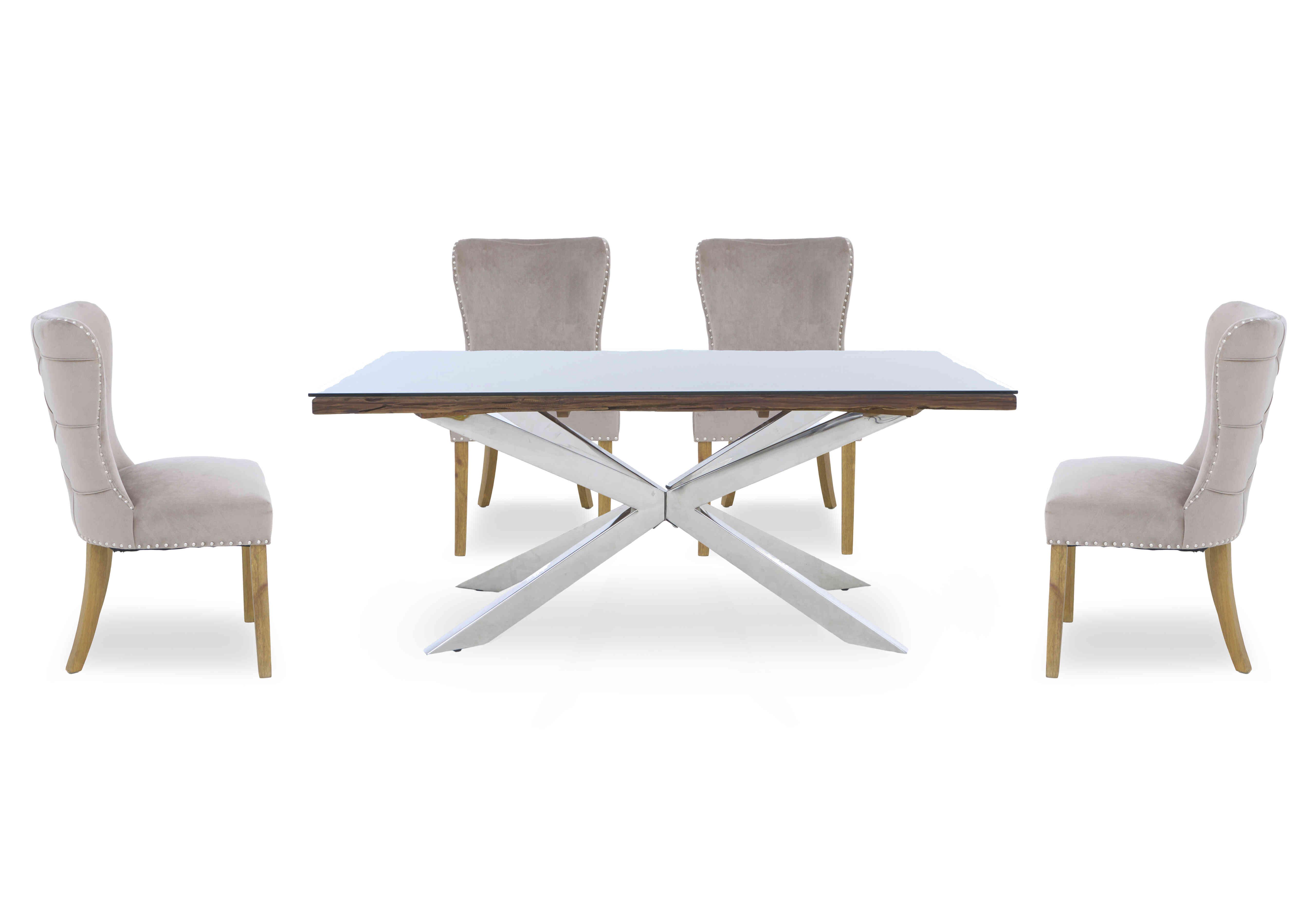 Kiara Small Rectangular Dining Table with Chrome Legs and 4 Luxe Fabric Dining Chairs in  on Furniture Village