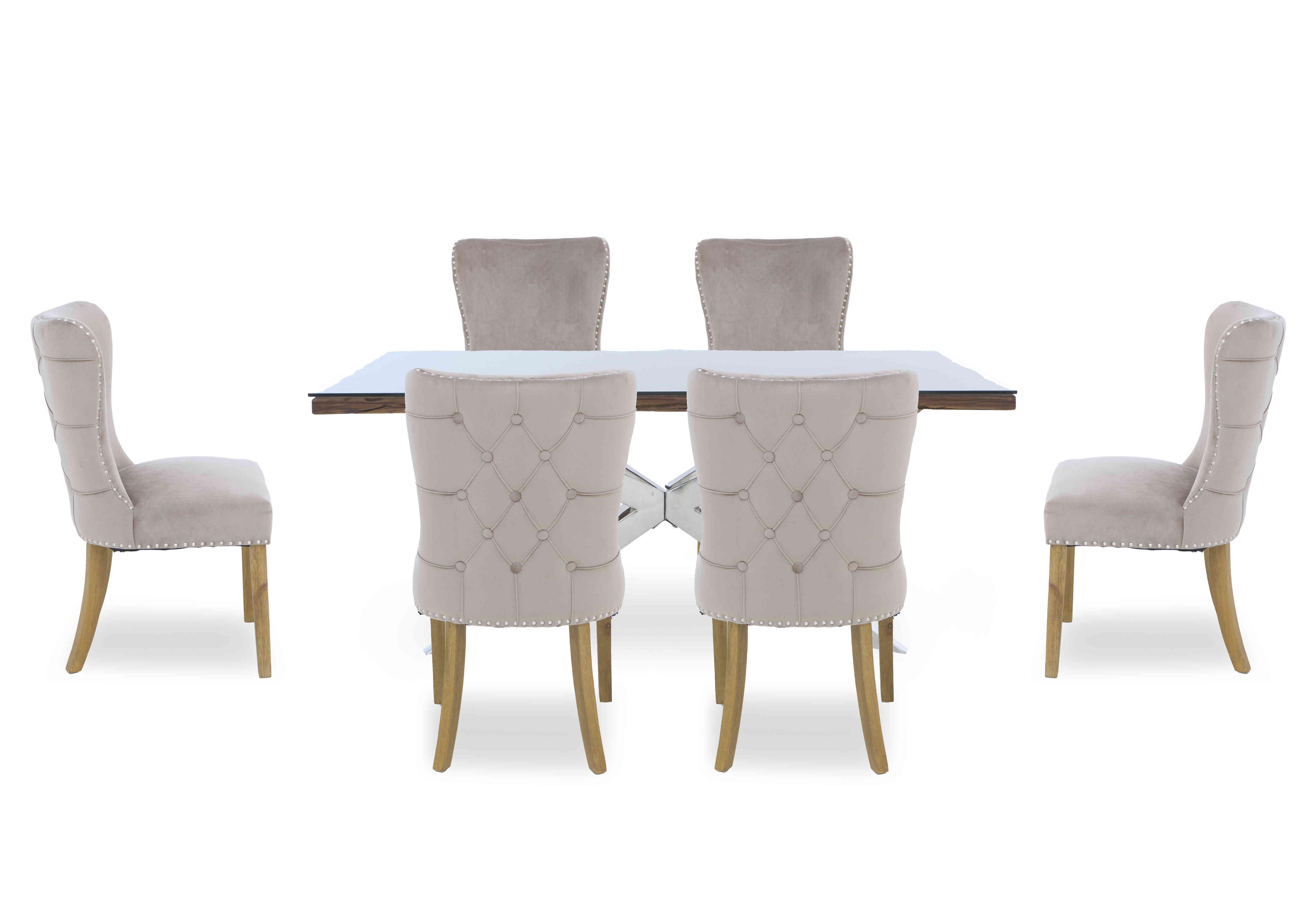 Kiara Small Rectangular Dining Table with Chrome Legs and 6 Luxe Fabric Dining Chairs in  on Furniture Village