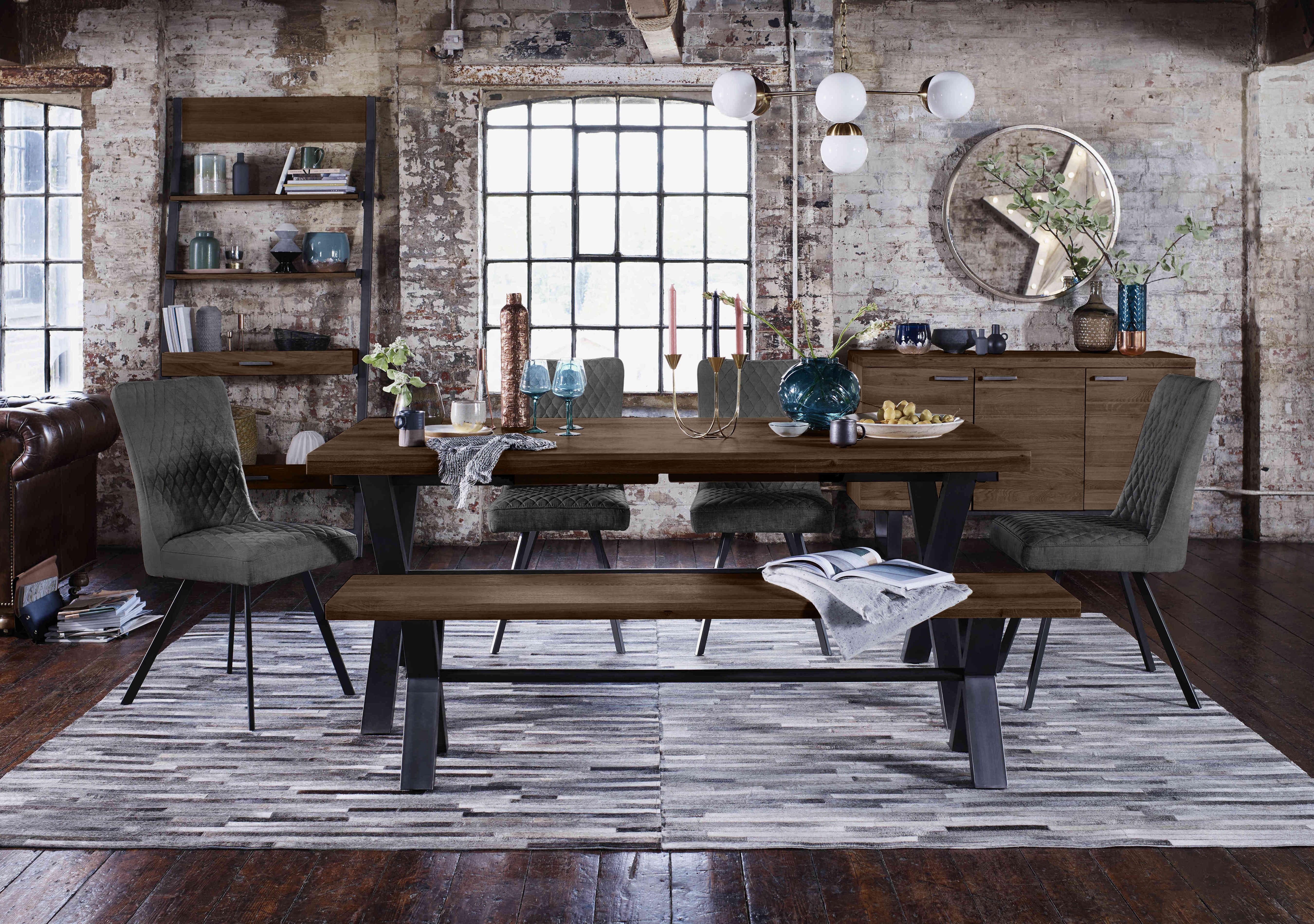 Mars Large Dining Table with 4 Velvet Dining Chairs and Large Dining Bench in  on Furniture Village