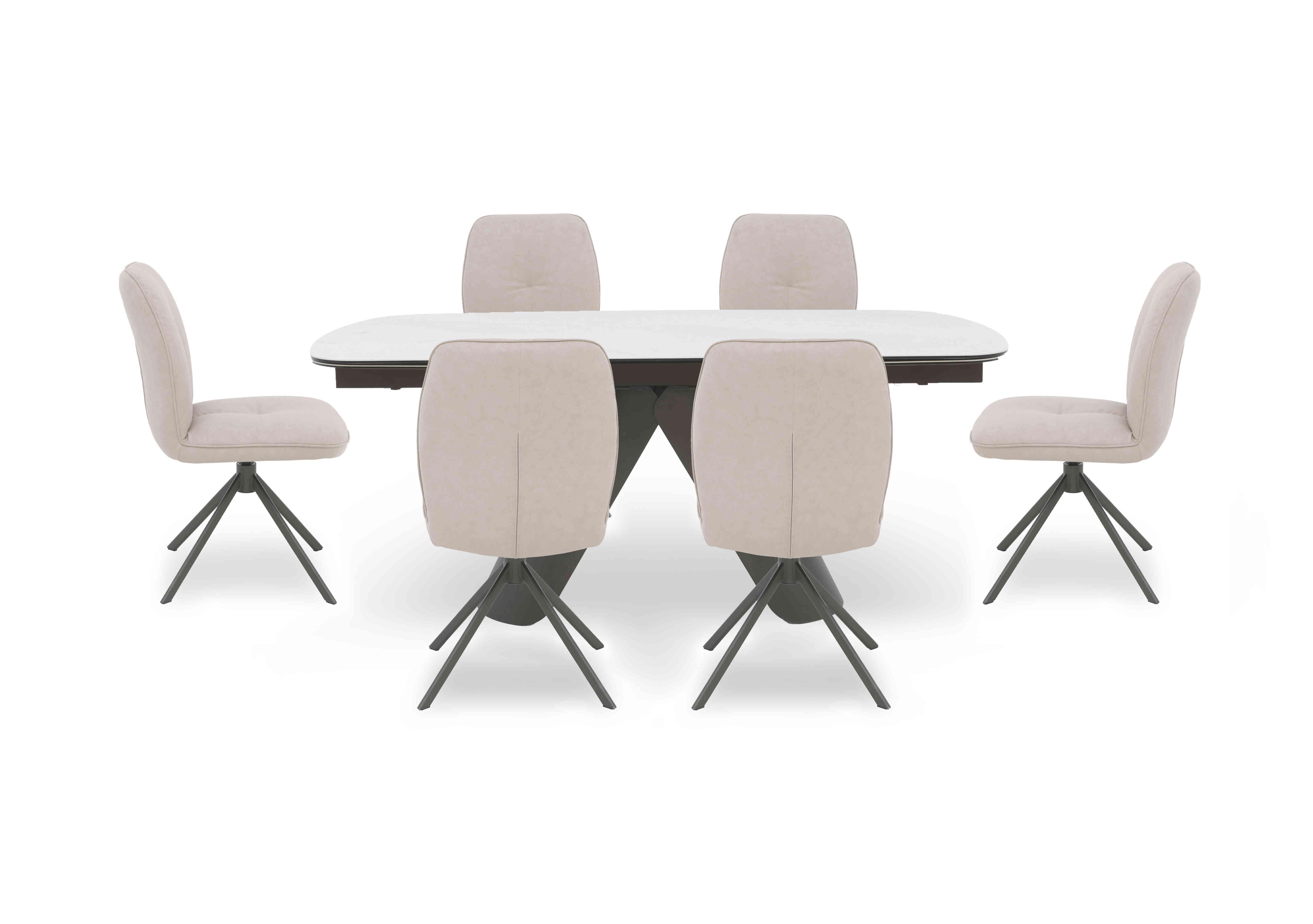 Perla Large Extending Dining Table and 6 Faux Leather Swivel Dining Chairs in  on Furniture Village