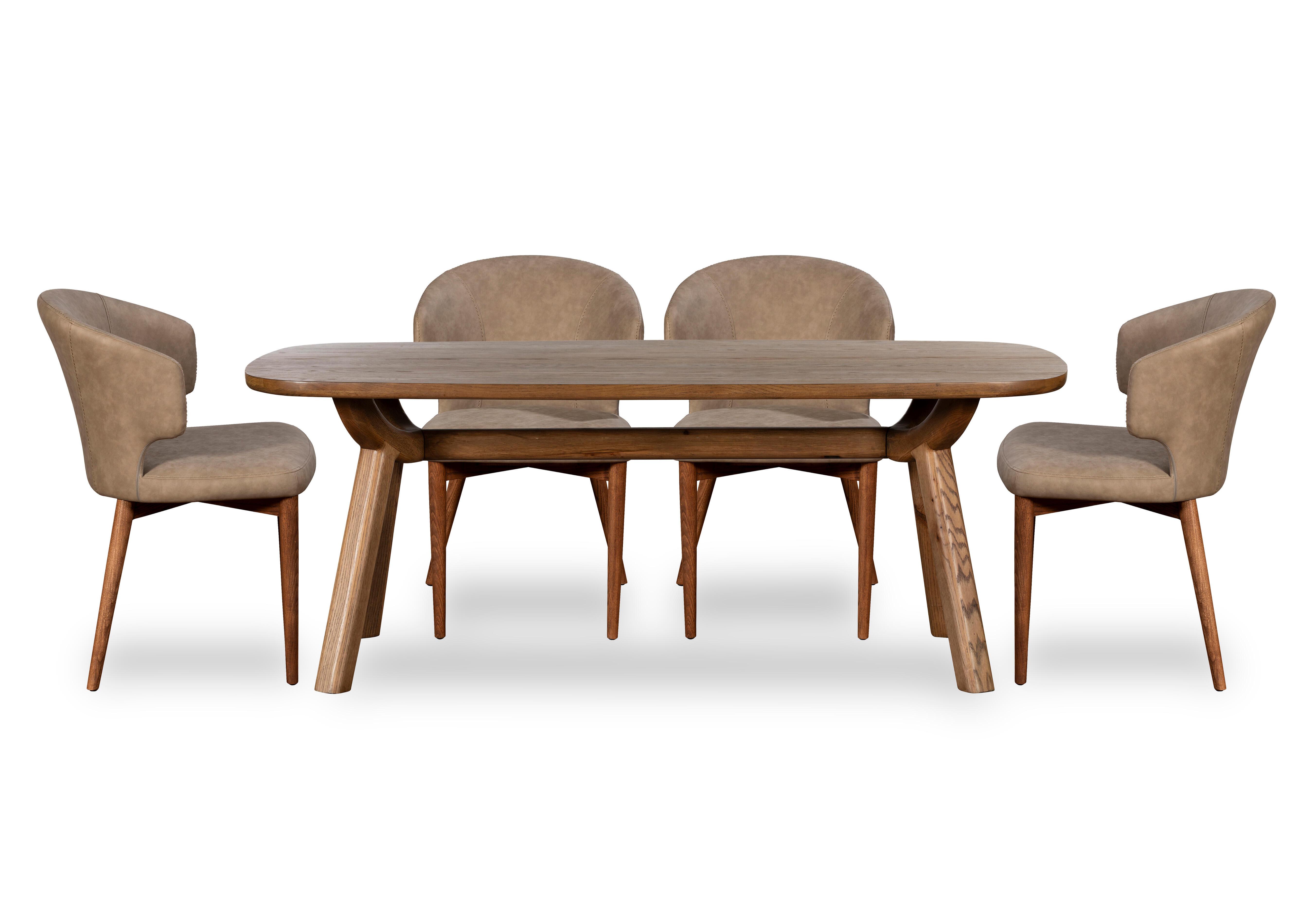 Pien Large Boat Shaped Oak Fixed Dining Table and 4 Faux Leather Dining Chairs with Wooden Legs in  on Furniture Village