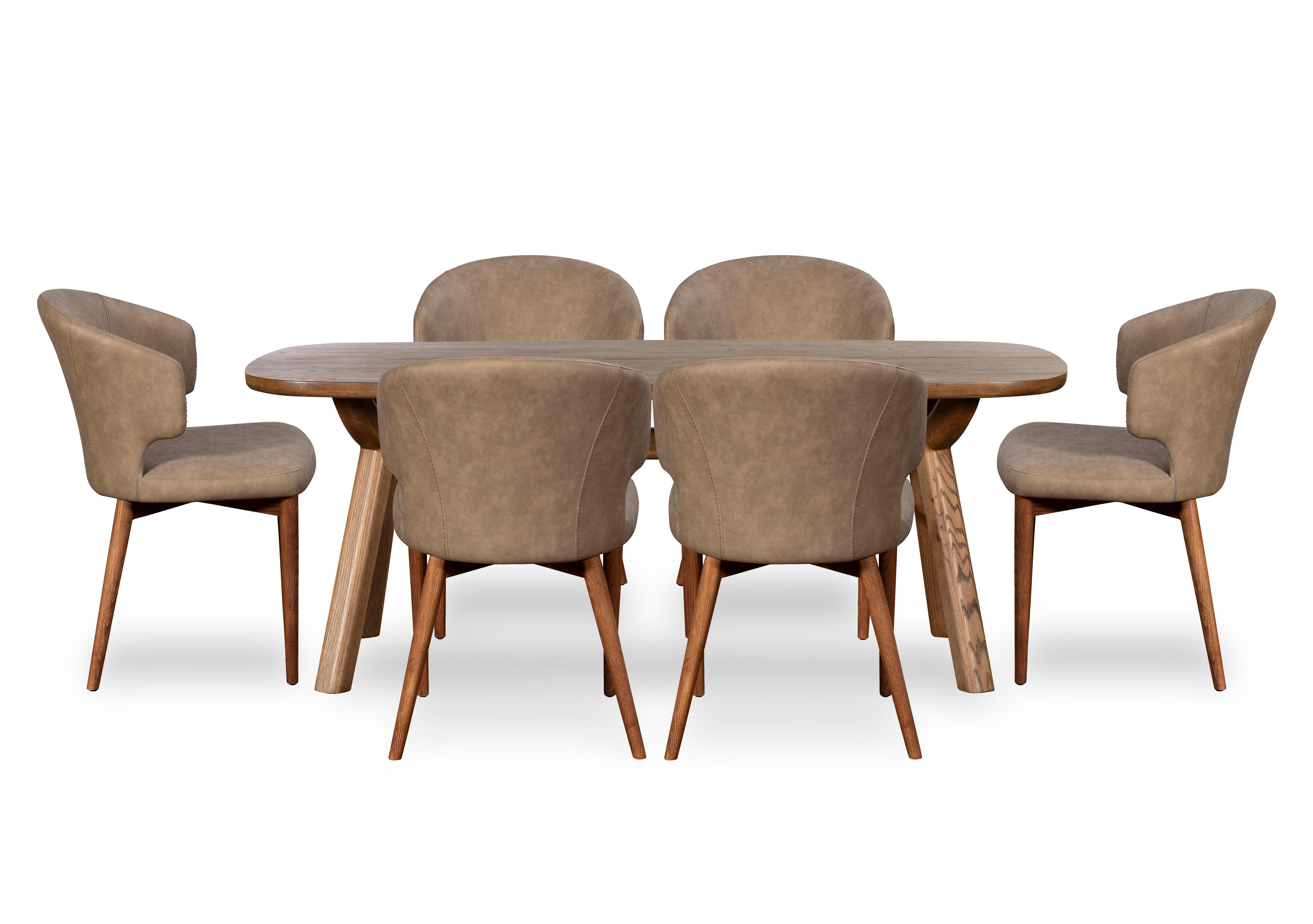 Pien Large Boat Shaped Oak Fixed Dining Table and 6 Faux Leather Dining Chairs with Wooden Legs in  on Furniture Village
