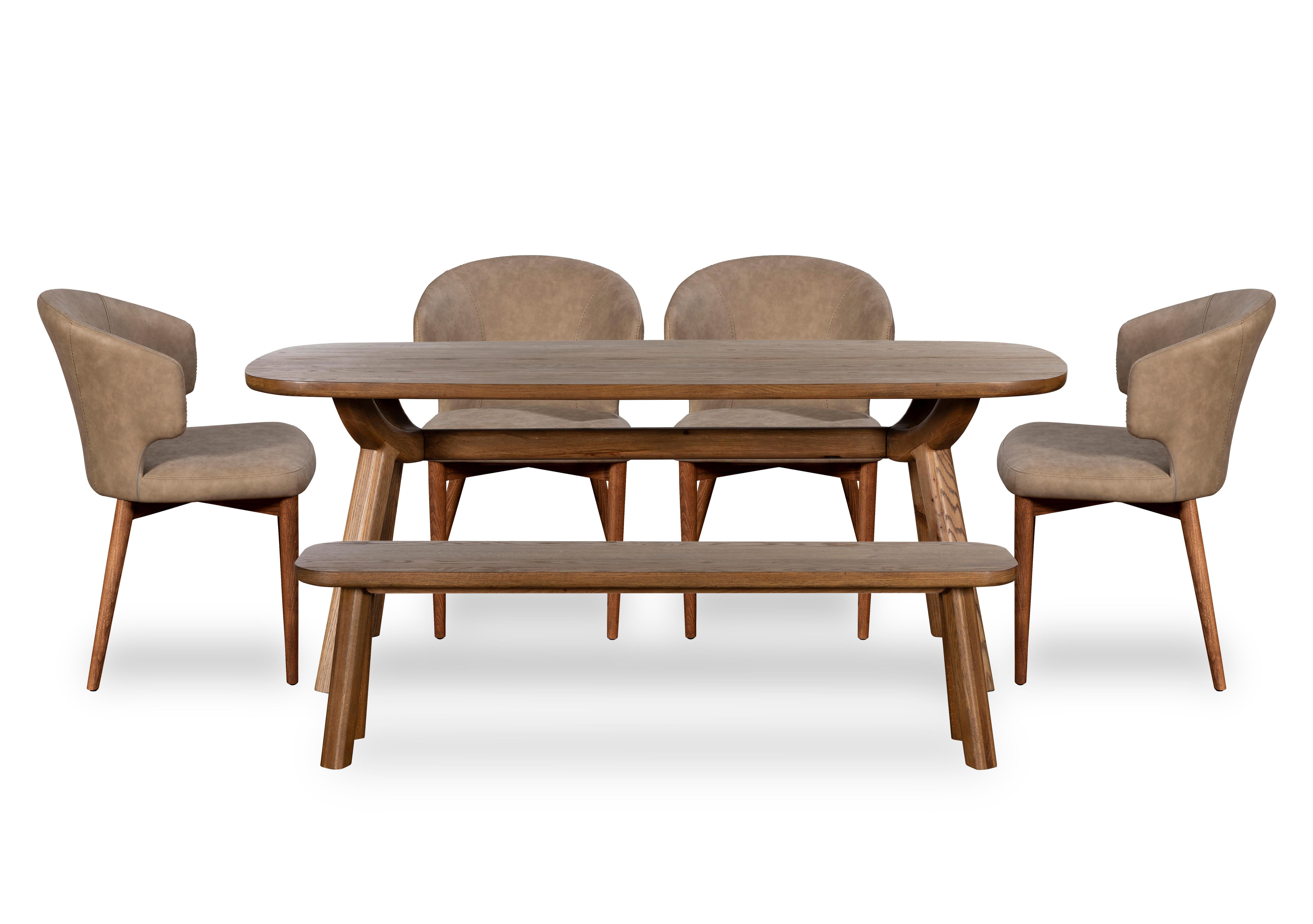 Pien Large Boat Shaped Oak Fixed Dining Table, 4 Faux Leather Dining Chairs with Wooden Legs and a Large Dining Bench in  on Furniture Village