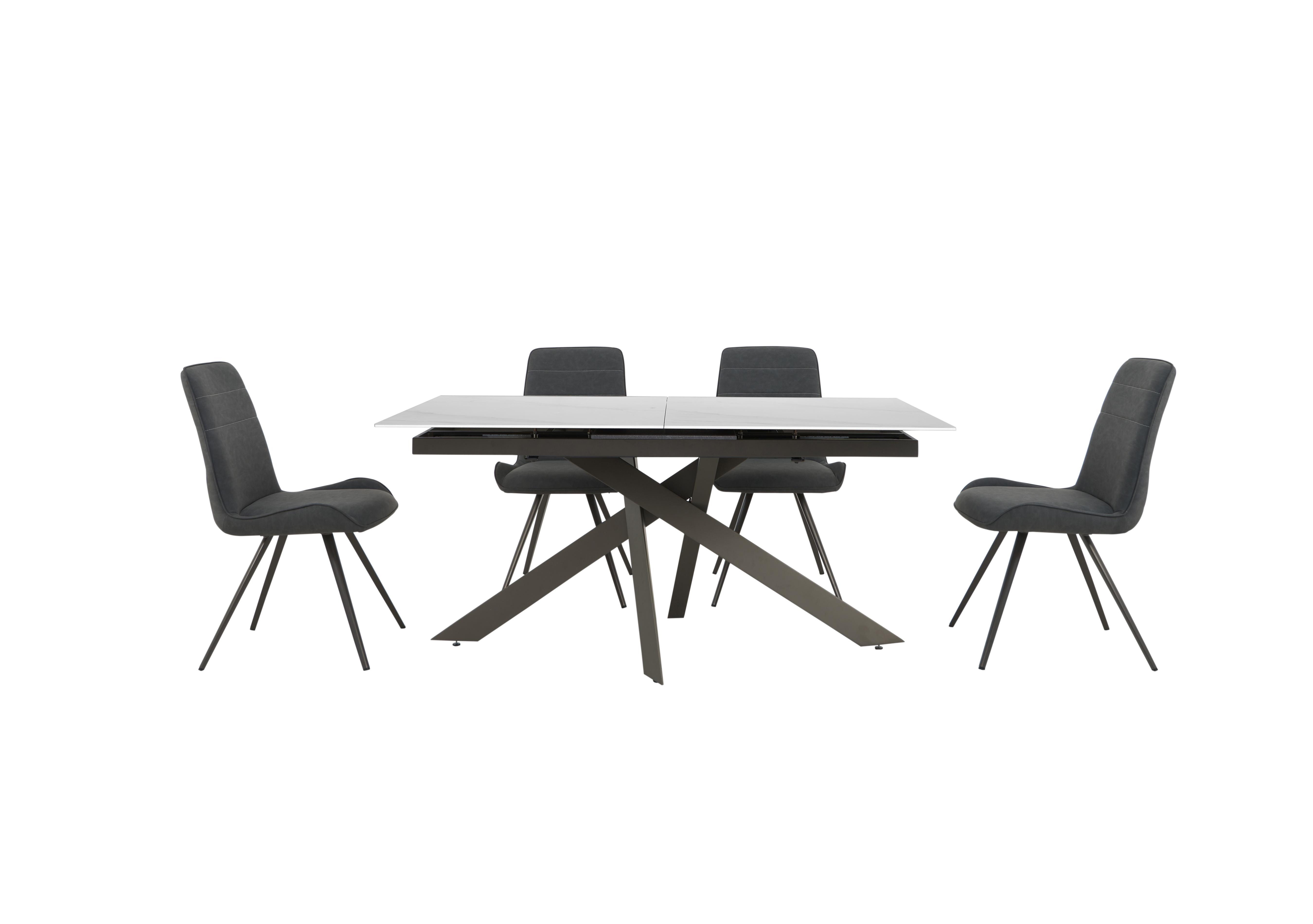 Samurai Extending Dining Table with White Ceramic Top and 4 Dark Grey Faux Leather Dining Chairs in  on Furniture Village