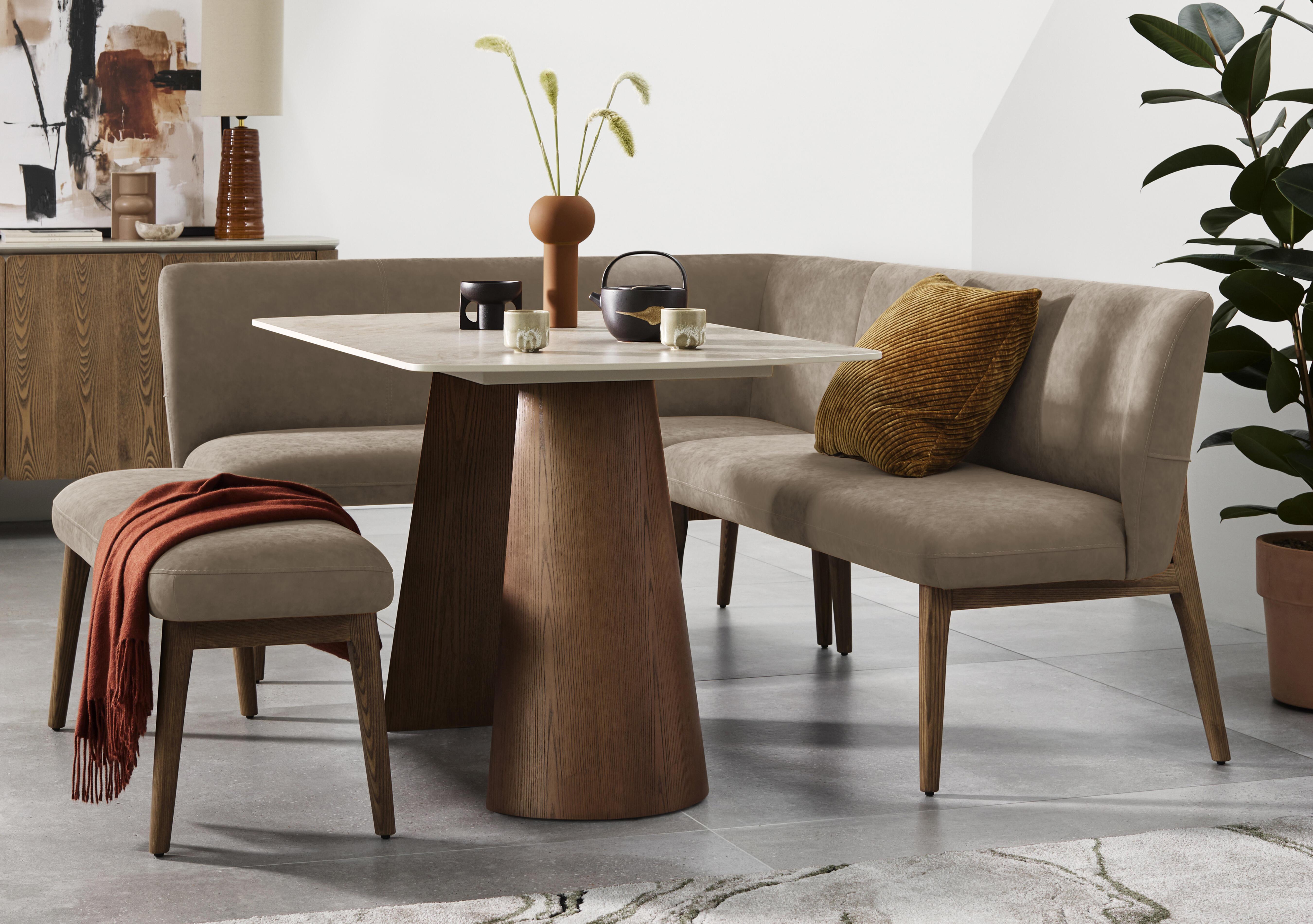 Sansa Rectangular Fixed Dining Table, Faux Leather Left Hand Facing Corner Dining Bench and Standard Dining Bench in  on Furniture Village