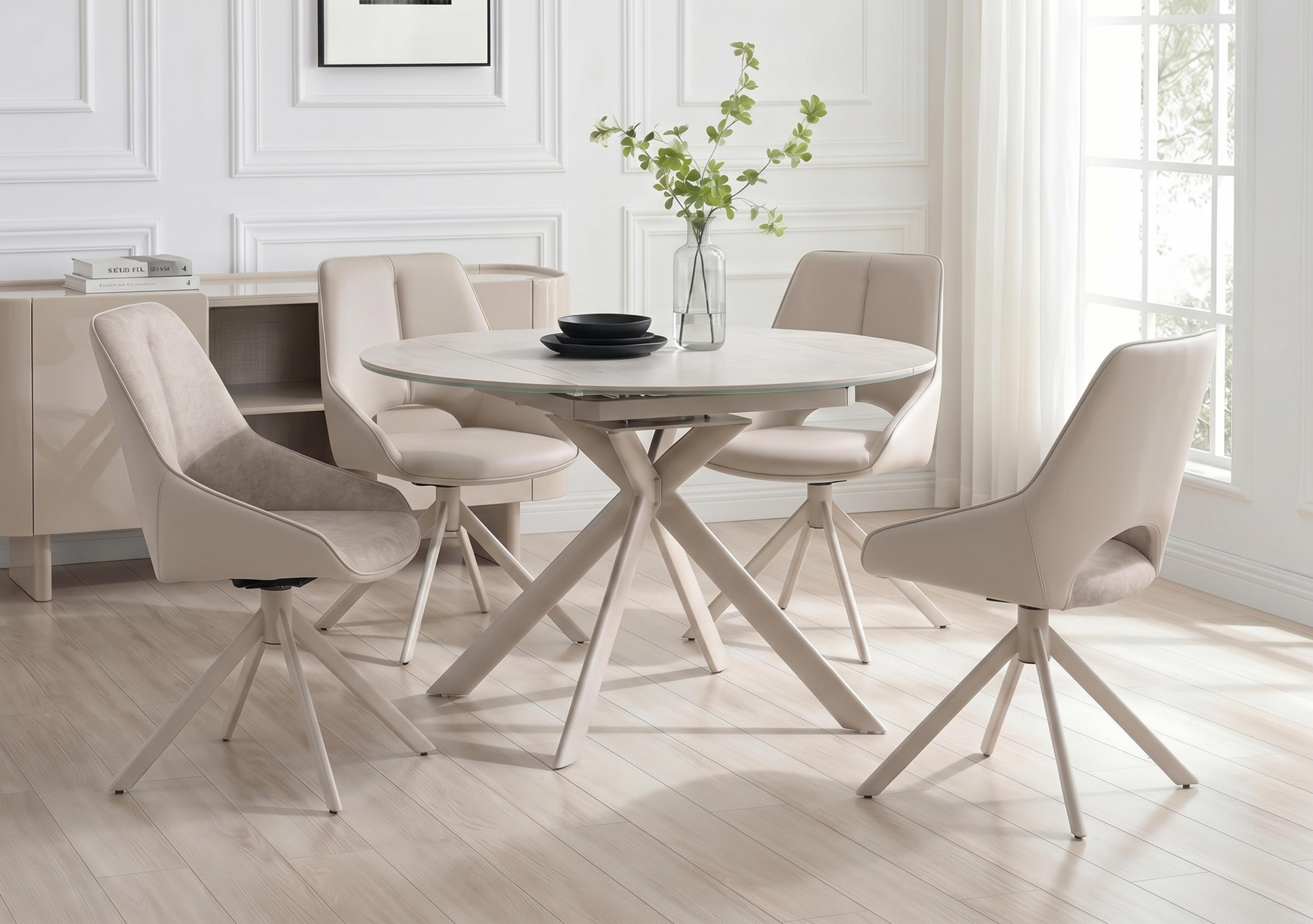 Tino Swivel Extending Dining Table and 4 Two Tone Swivel Dining Chairs in  on Furniture Village