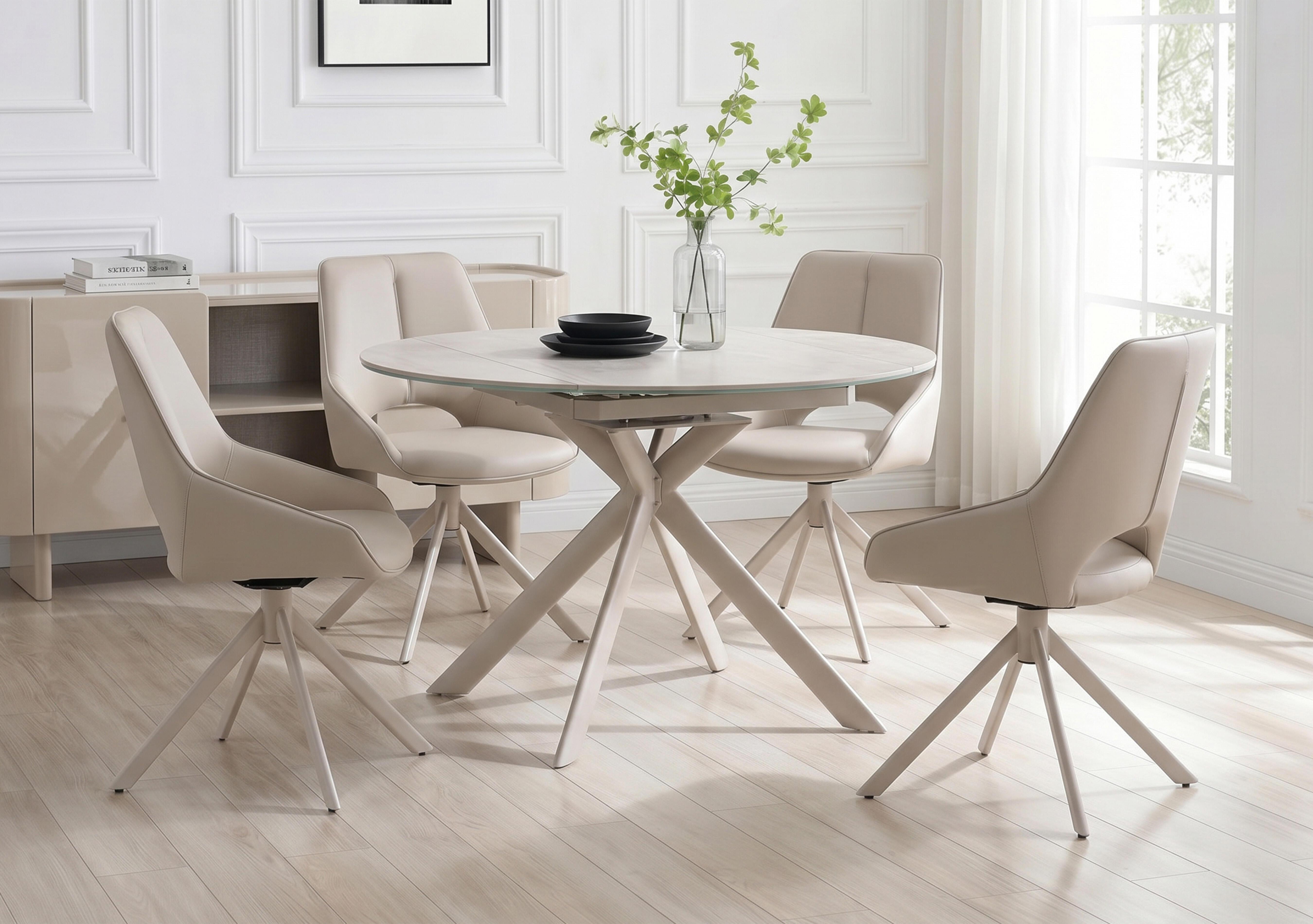 Tino Swivel Extending Dining Table and 4 Faux Leather Swivel Dining Chairs in  on Furniture Village