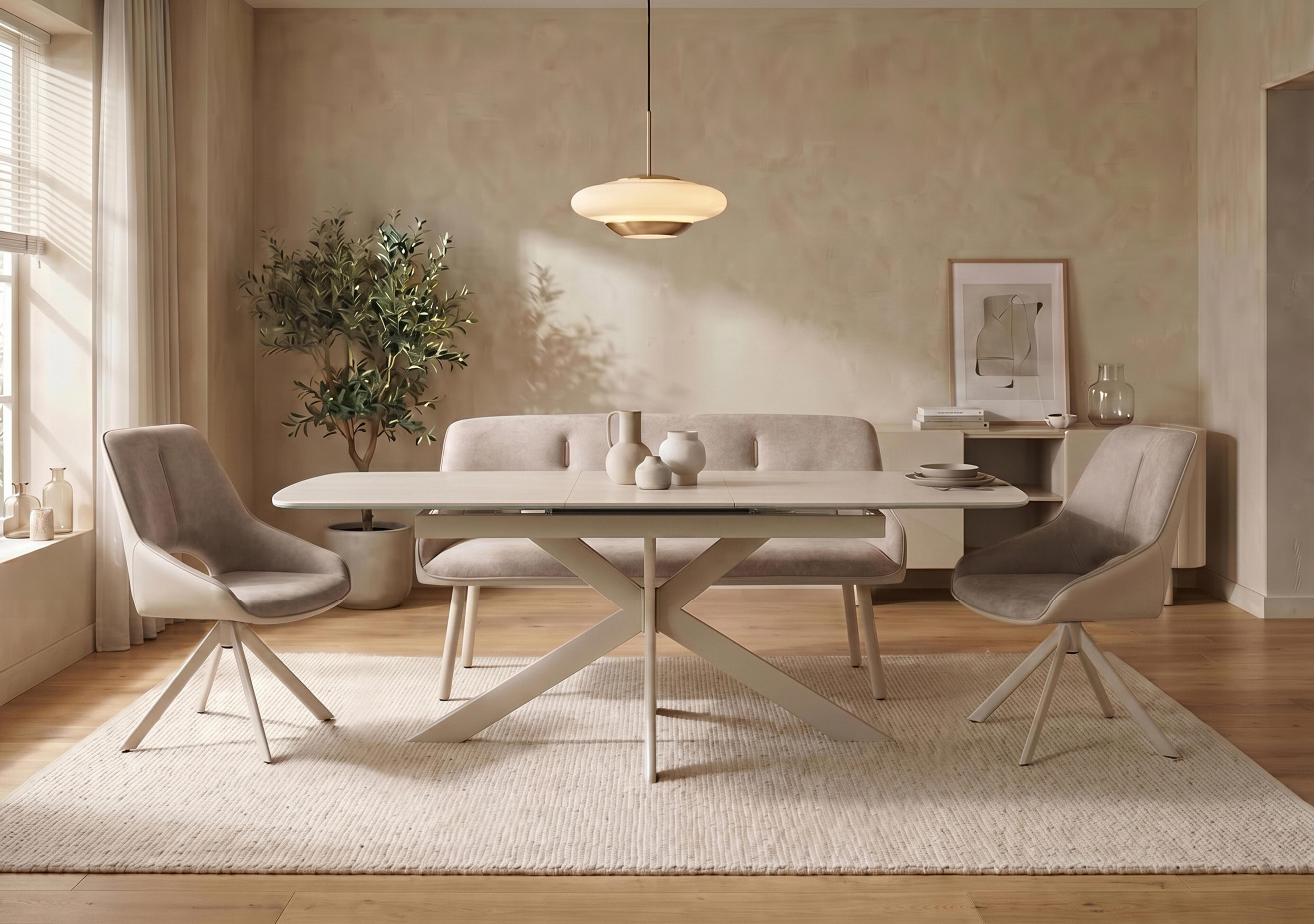 Tino Large Pop-up Extending Dining Table with 2 Swivel Dining Chairs and a High Back Dining Bench in Two Tone Upholstery in  on Furniture Village