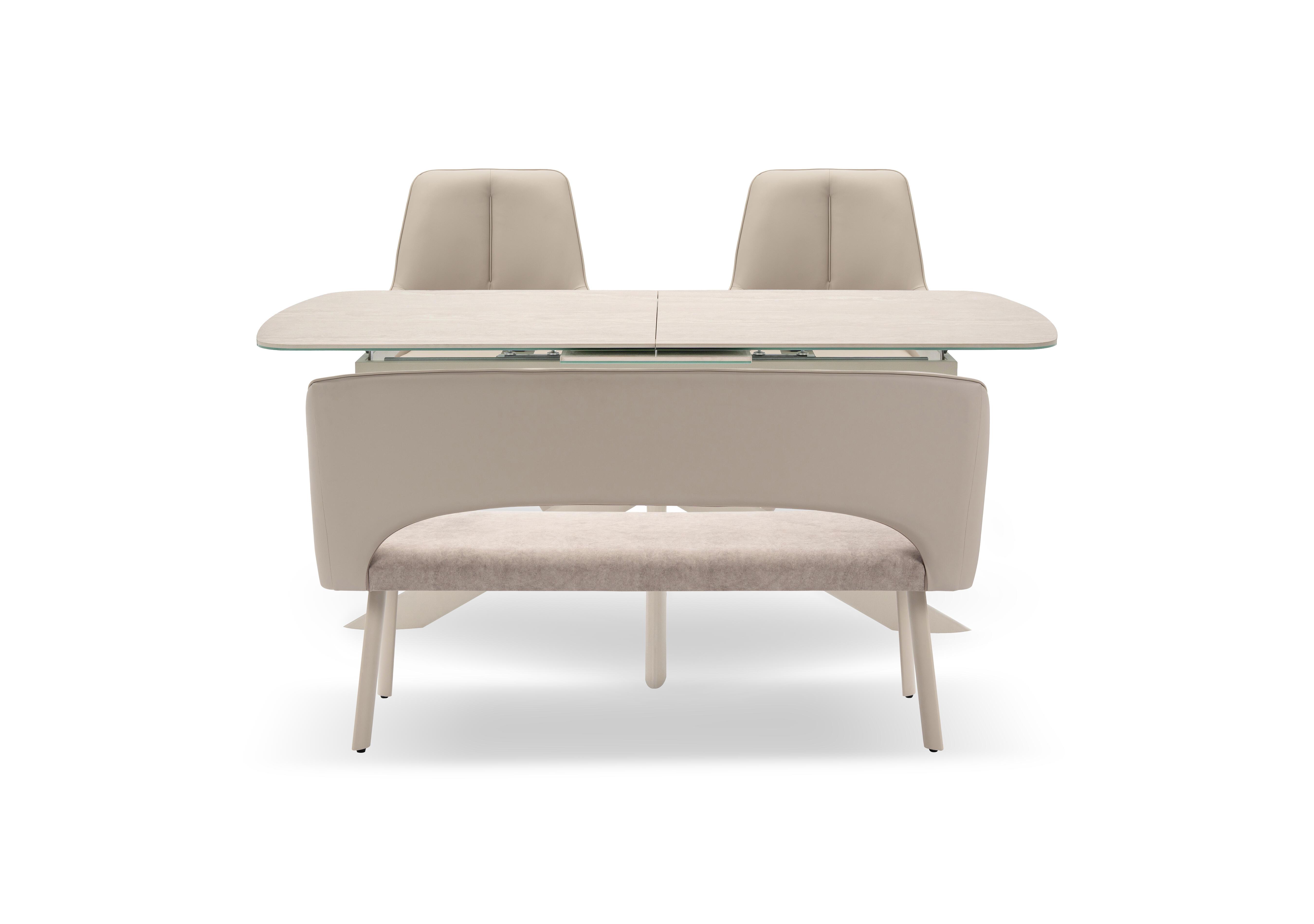 Tino Large Pop-up Extending Dining Table with 2 Swivel Chairs and a High Back Dining Bench in Faux Leather in  on Furniture Village