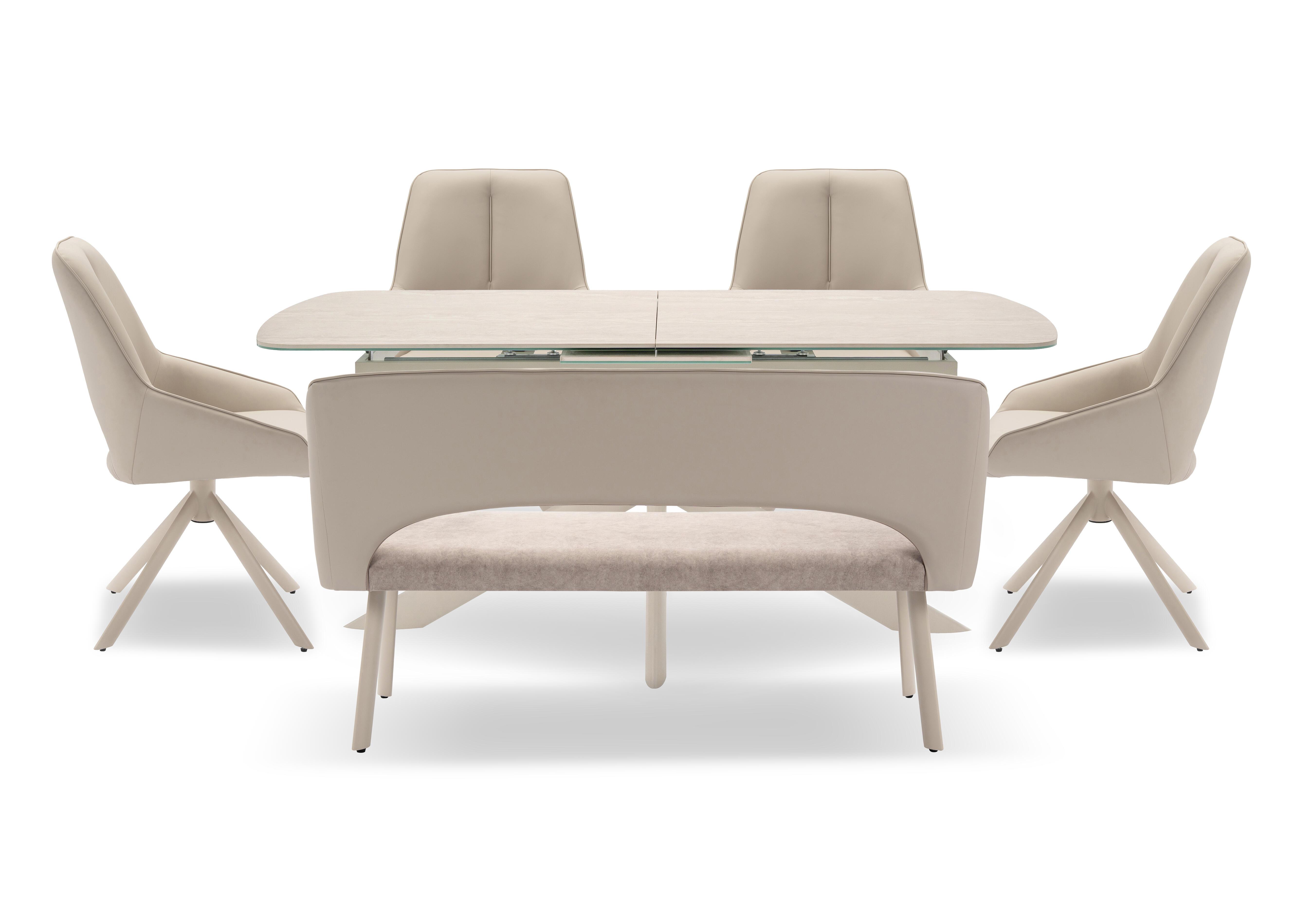 Tino Large Pop-up Extending Dining Table with 4 Swivel Chairs and a High Back Dining Bench in Faux Leather in  on Furniture Village