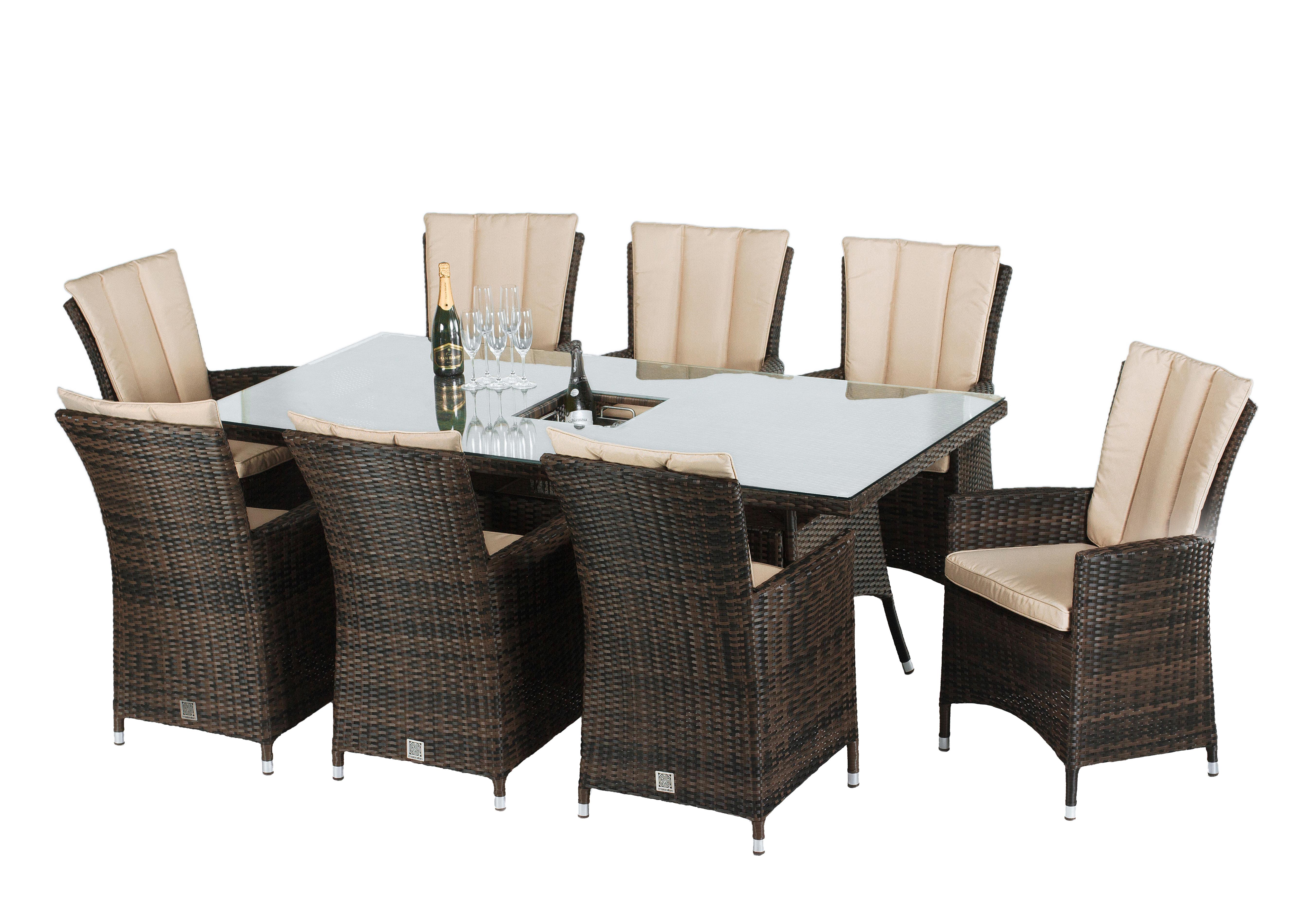 Oasis 8 Seater Rectangular Rattan Dining Set with Ice Bucket Table and Parasol in Brown on Furniture Village