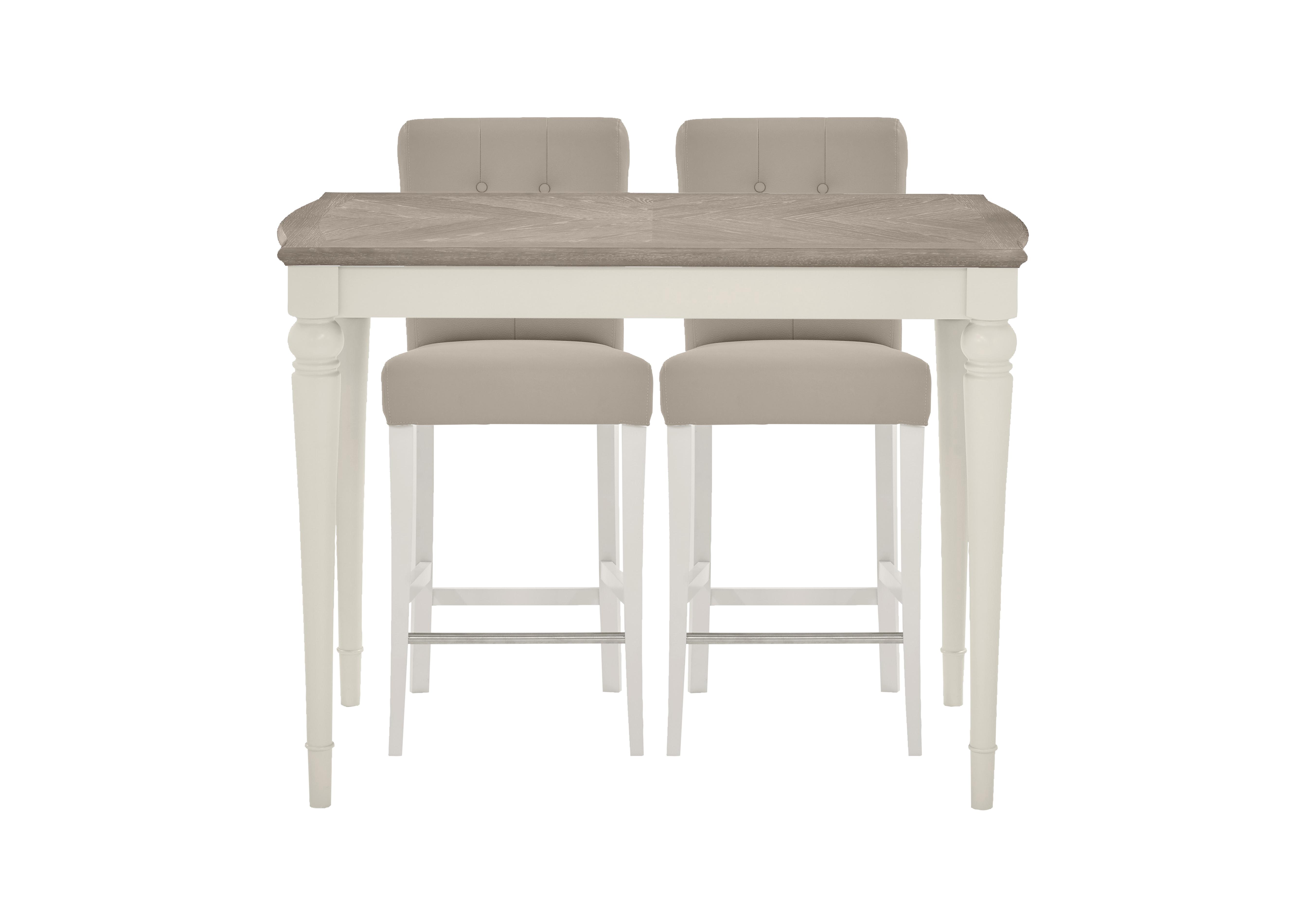 Annecy Bar Table with 2 Faux Leather Roll Back Bar Stools in Soft Grey Paint on Furniture Village
