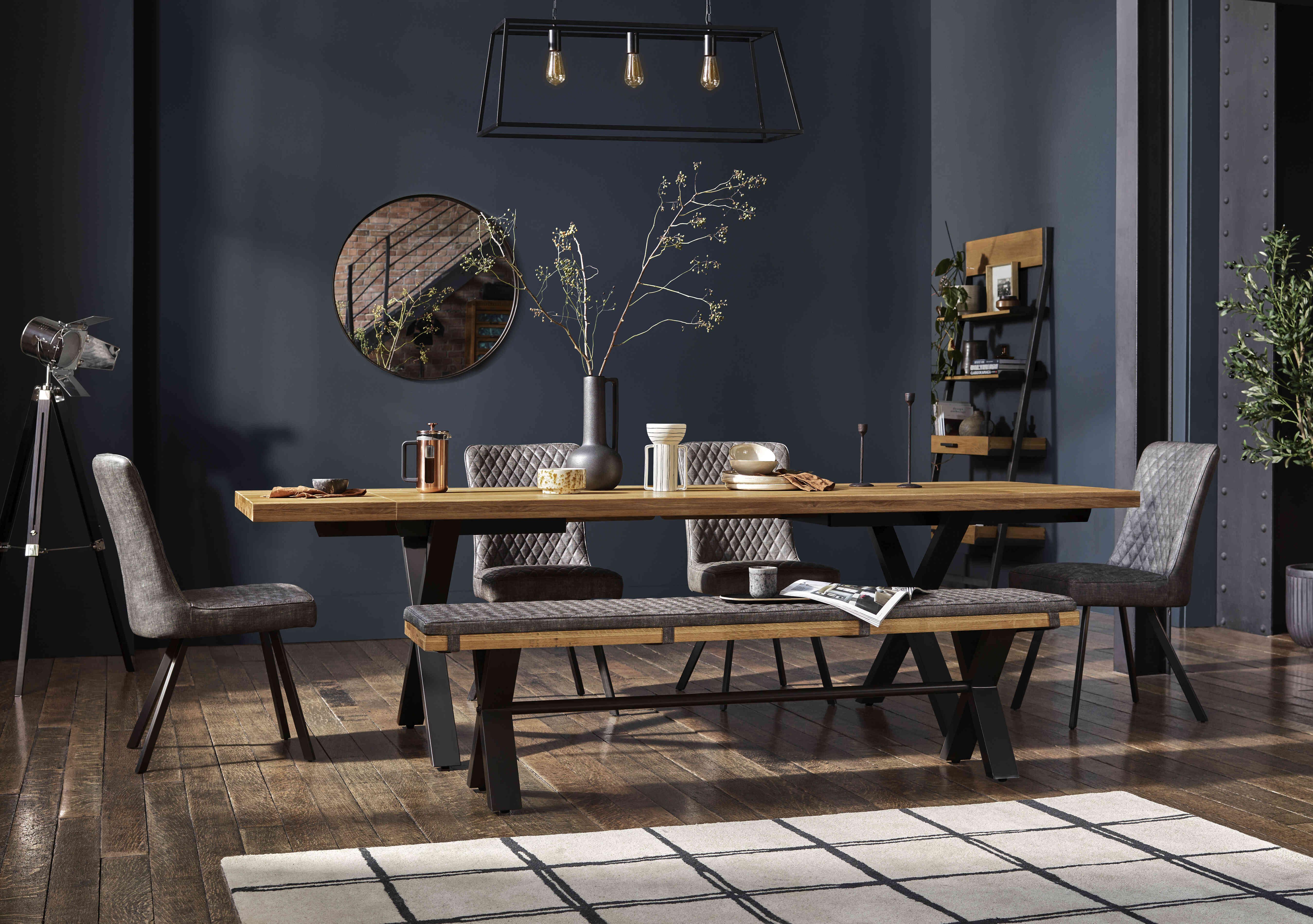 Earth Large Straight Edge Dining Table with a Large Dining Bench and 4 Dining Chairs in  on Furniture Village