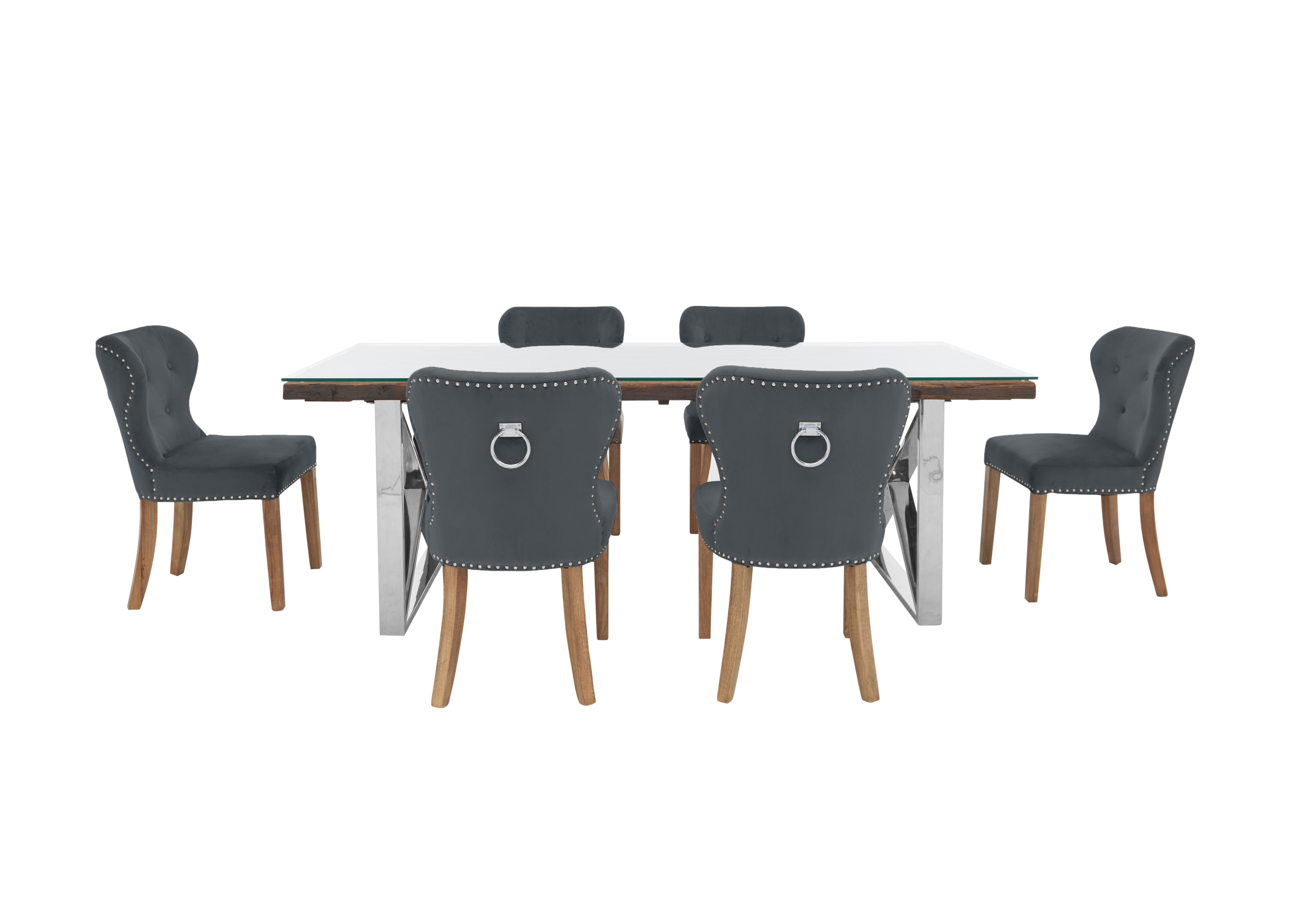 Chennai Dining Table with X-Leg Base and 6 Upholstered Dining Chairs in Grey Chairs on Furniture Village