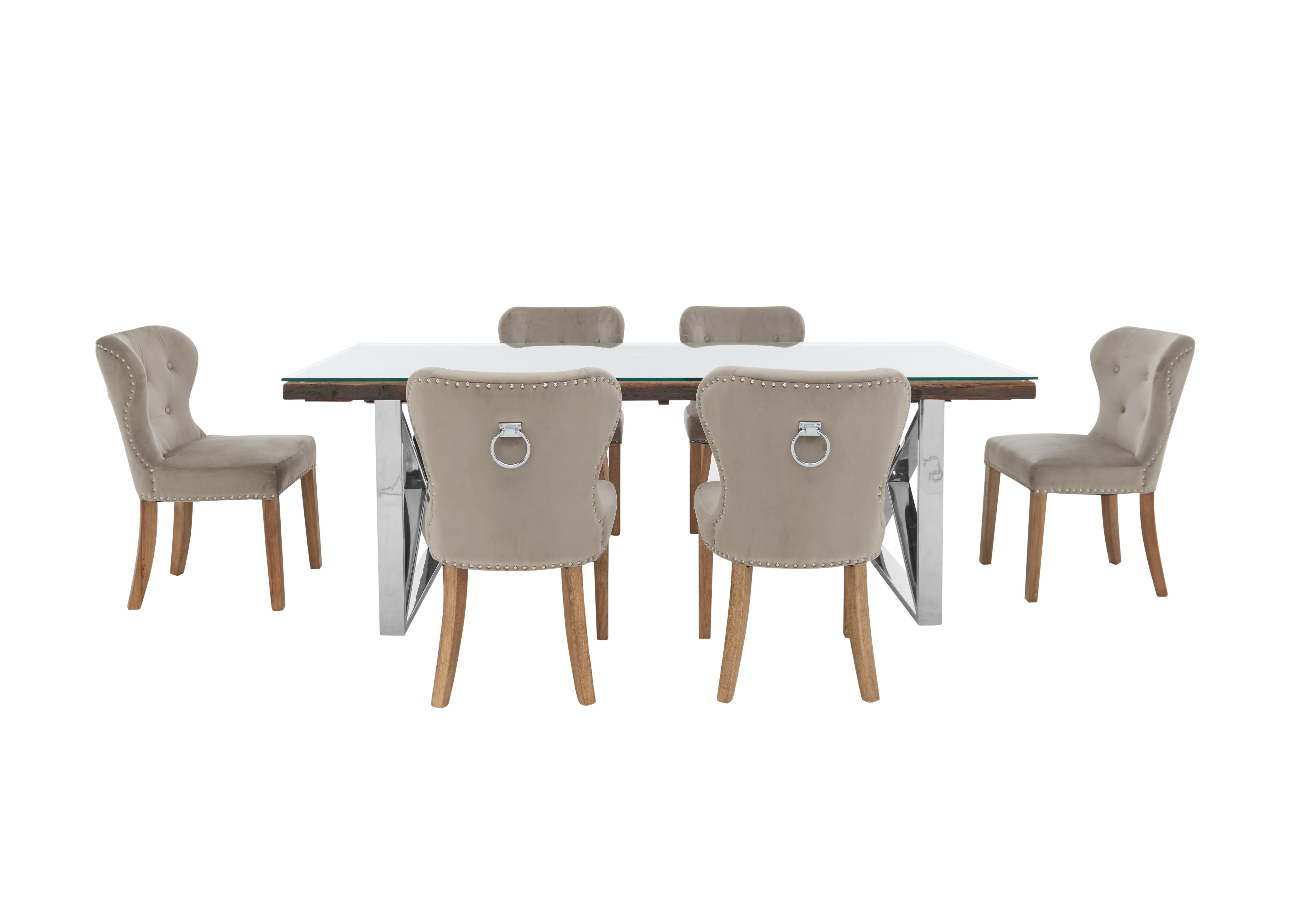 Chennai Dining Table with X-Leg Base and 6 Upholstered Dining Chairs in Taupe Chairs on Furniture Village