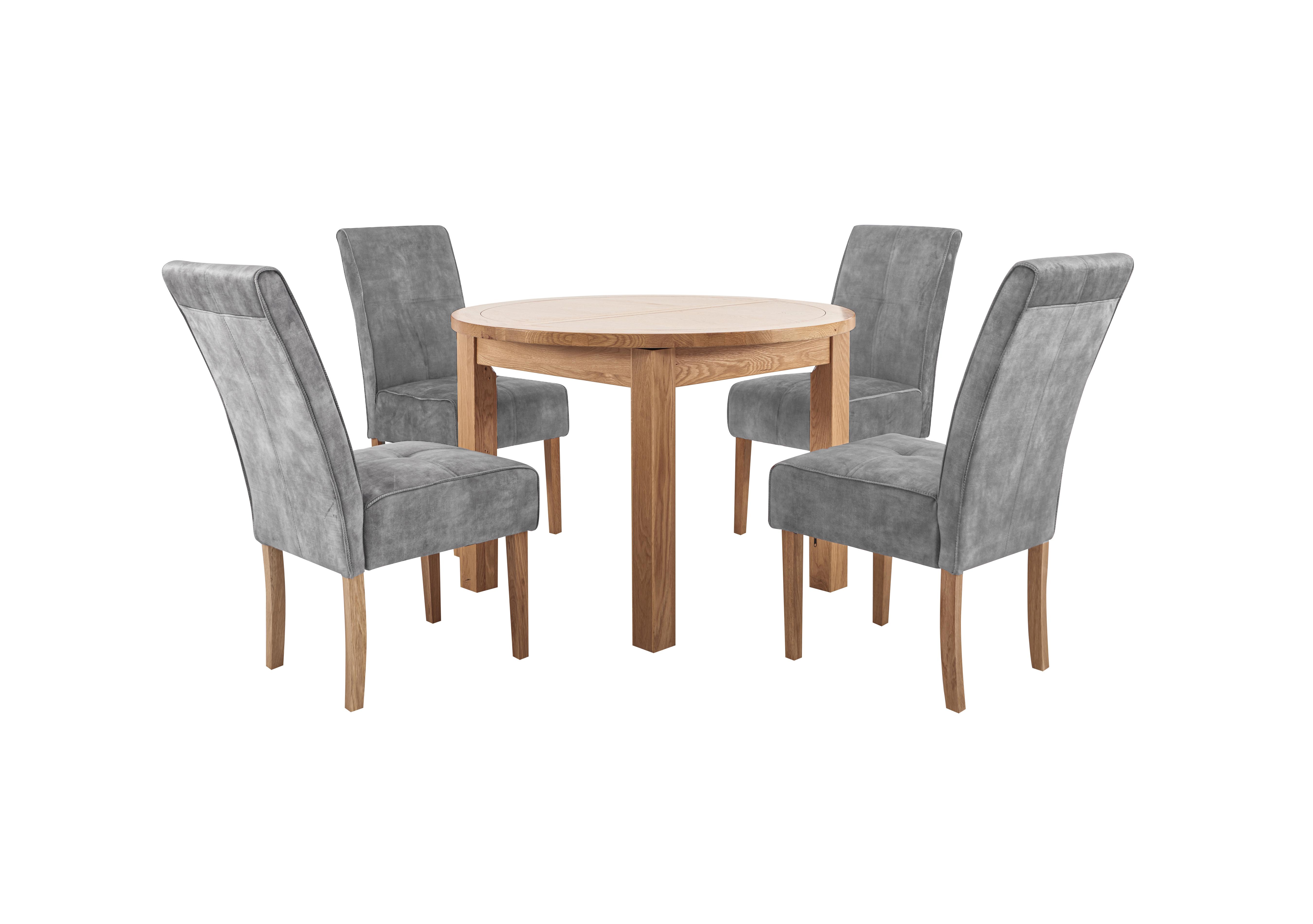California Solid Oak Round Extending Table and 4 Velvet Fabric Dining Chairs in Silver on Furniture Village