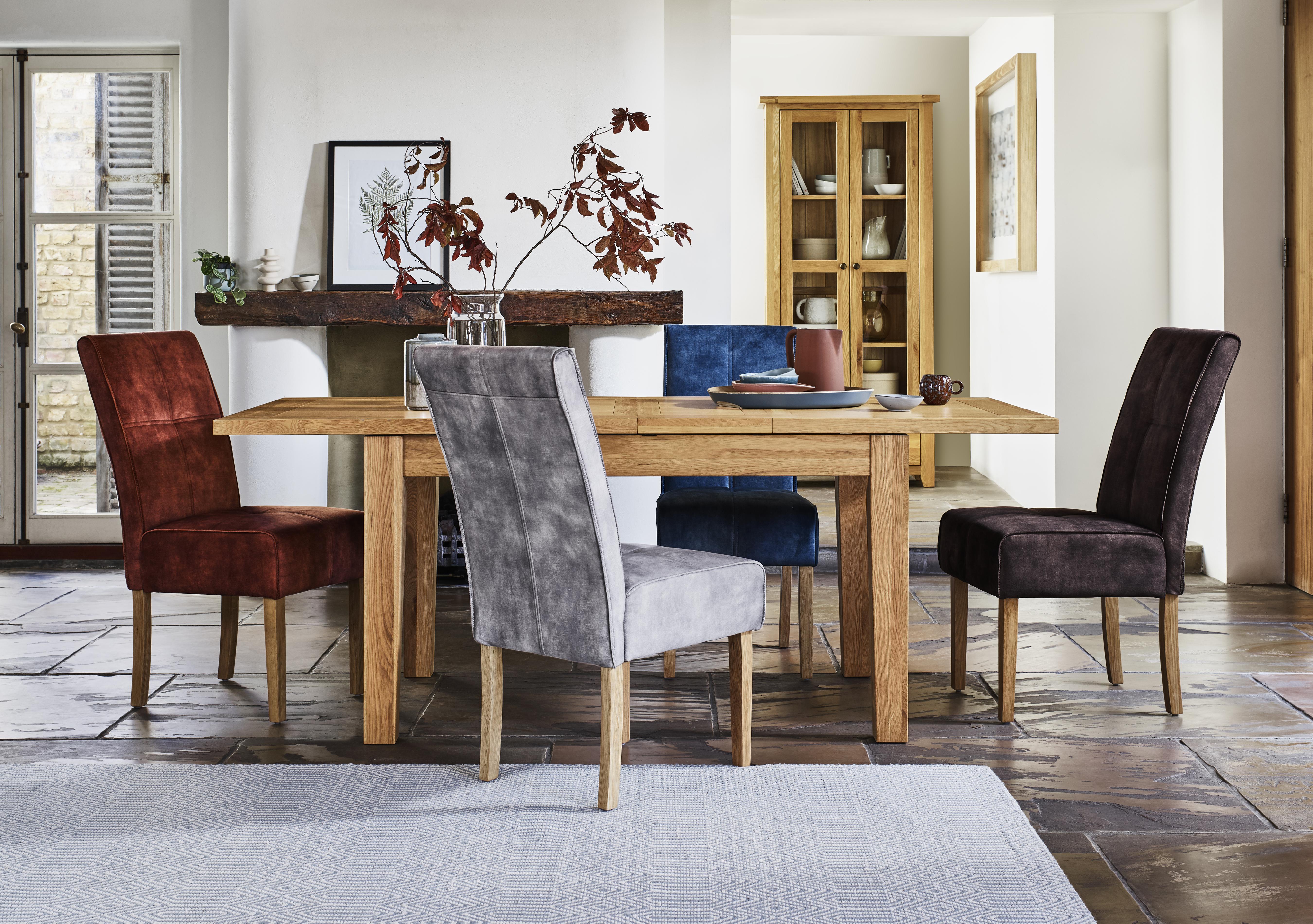 California Solid Oak Rectangular Extending Table and 4 Velvet Fabric Dining Chairs in  on Furniture Village