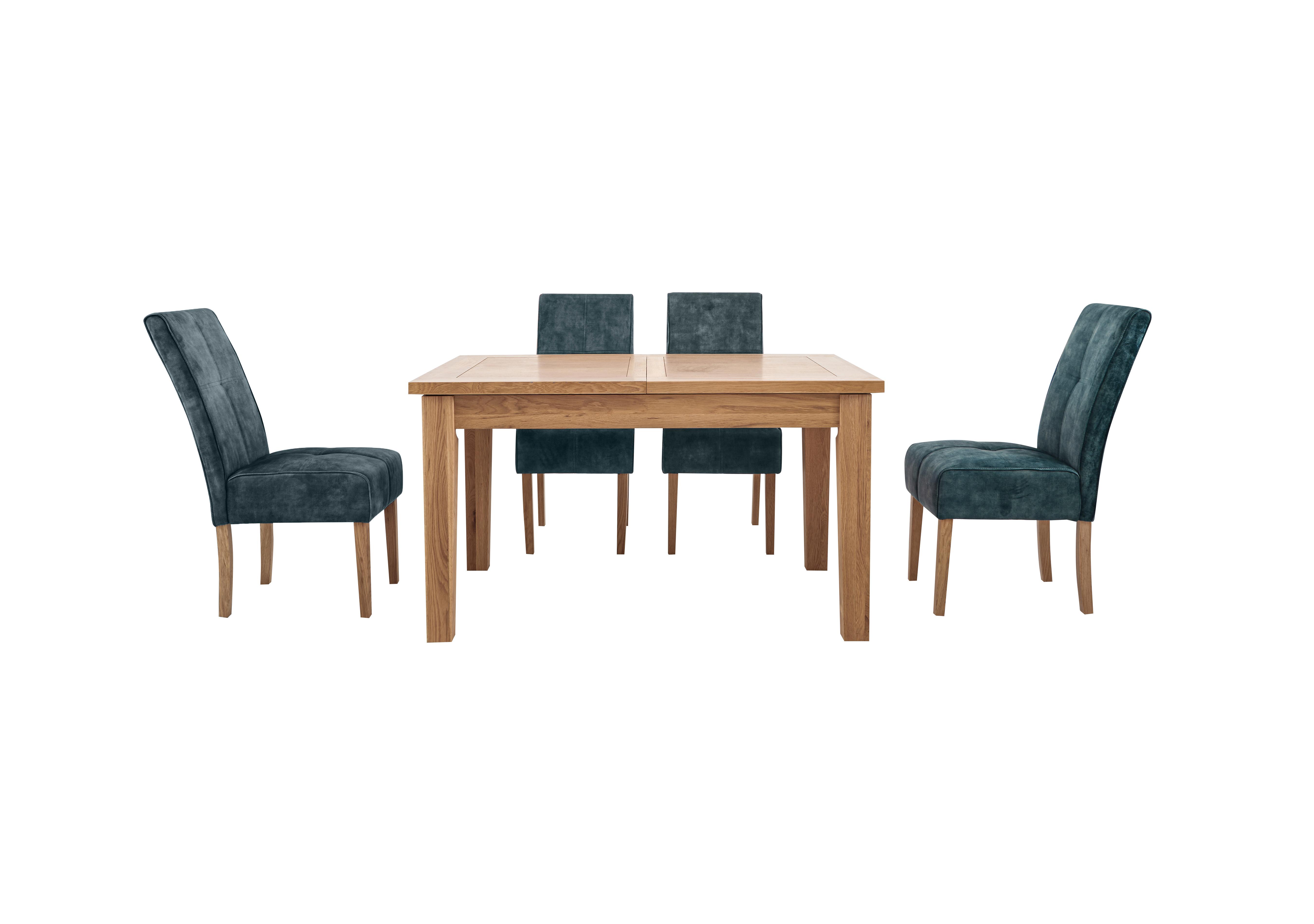 California Solid Oak Rectangular Extending Table and 4 Velvet Fabric Dining Chairs in Ocean on Furniture Village