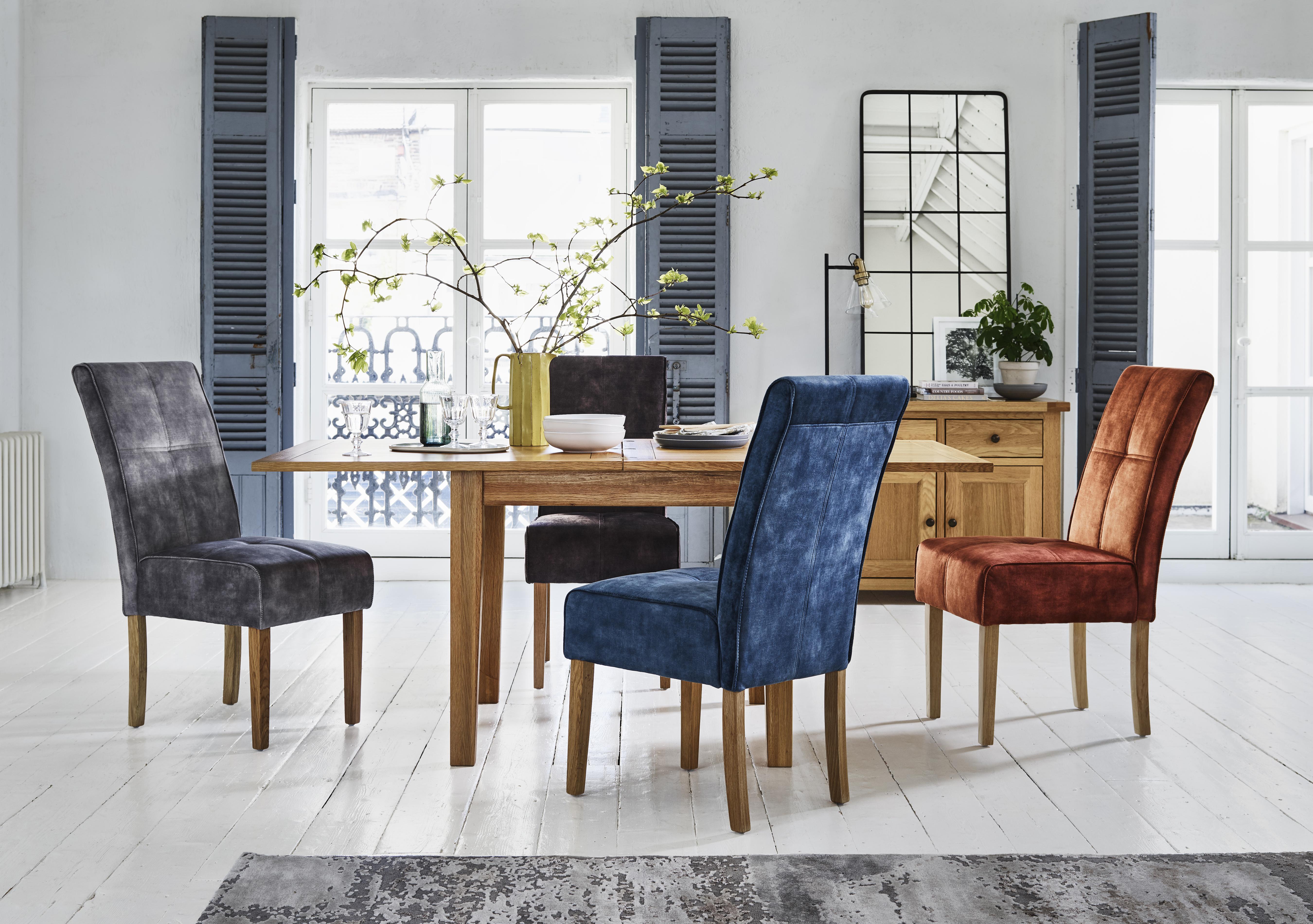 California Solid Oak Flip Top Extending Table and 4 Velvet Fabric Dining Chairs in  on Furniture Village