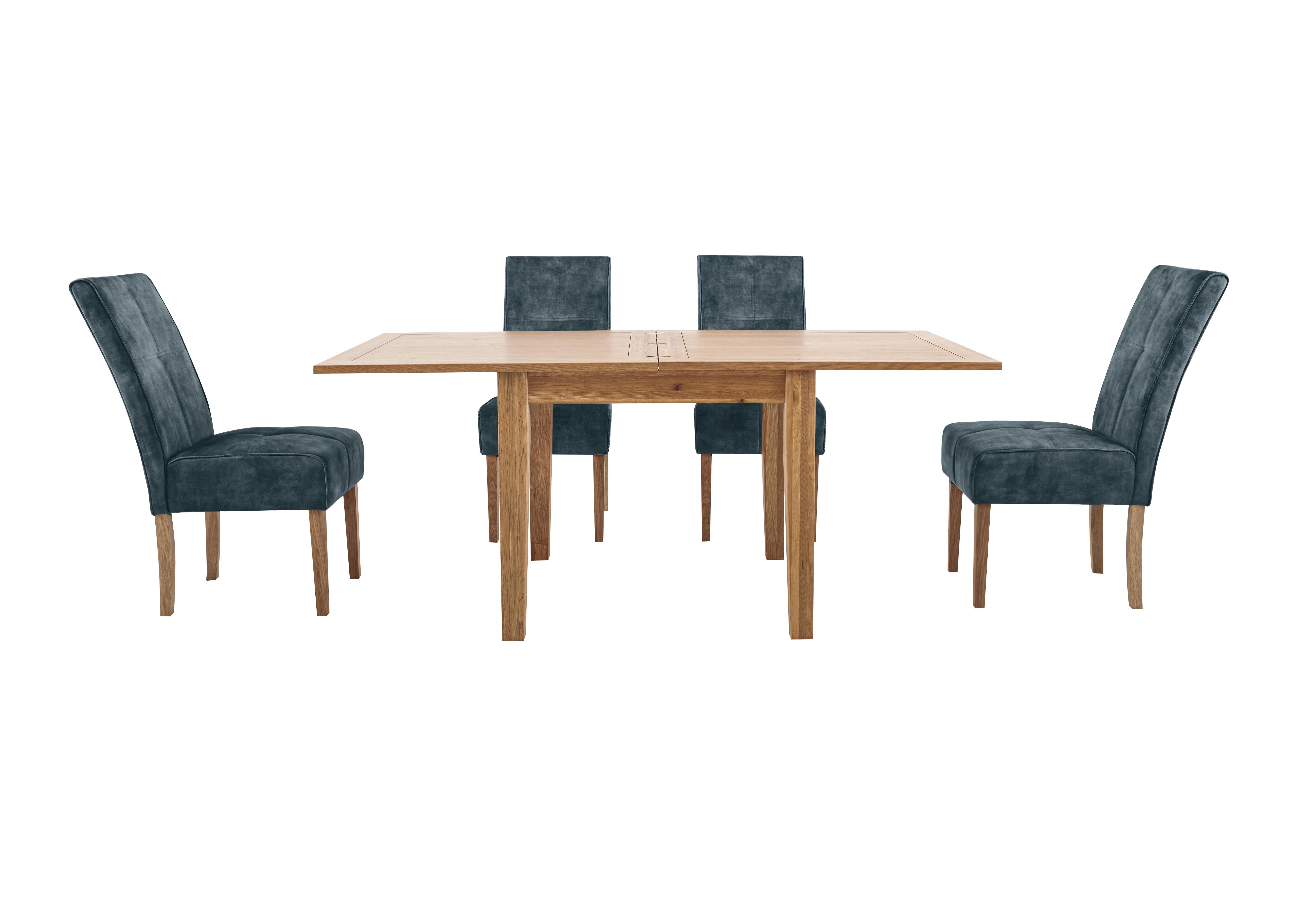 California Solid Oak Flip Top Extending Table and 4 Velvet Fabric Dining Chairs in Ocean on Furniture Village