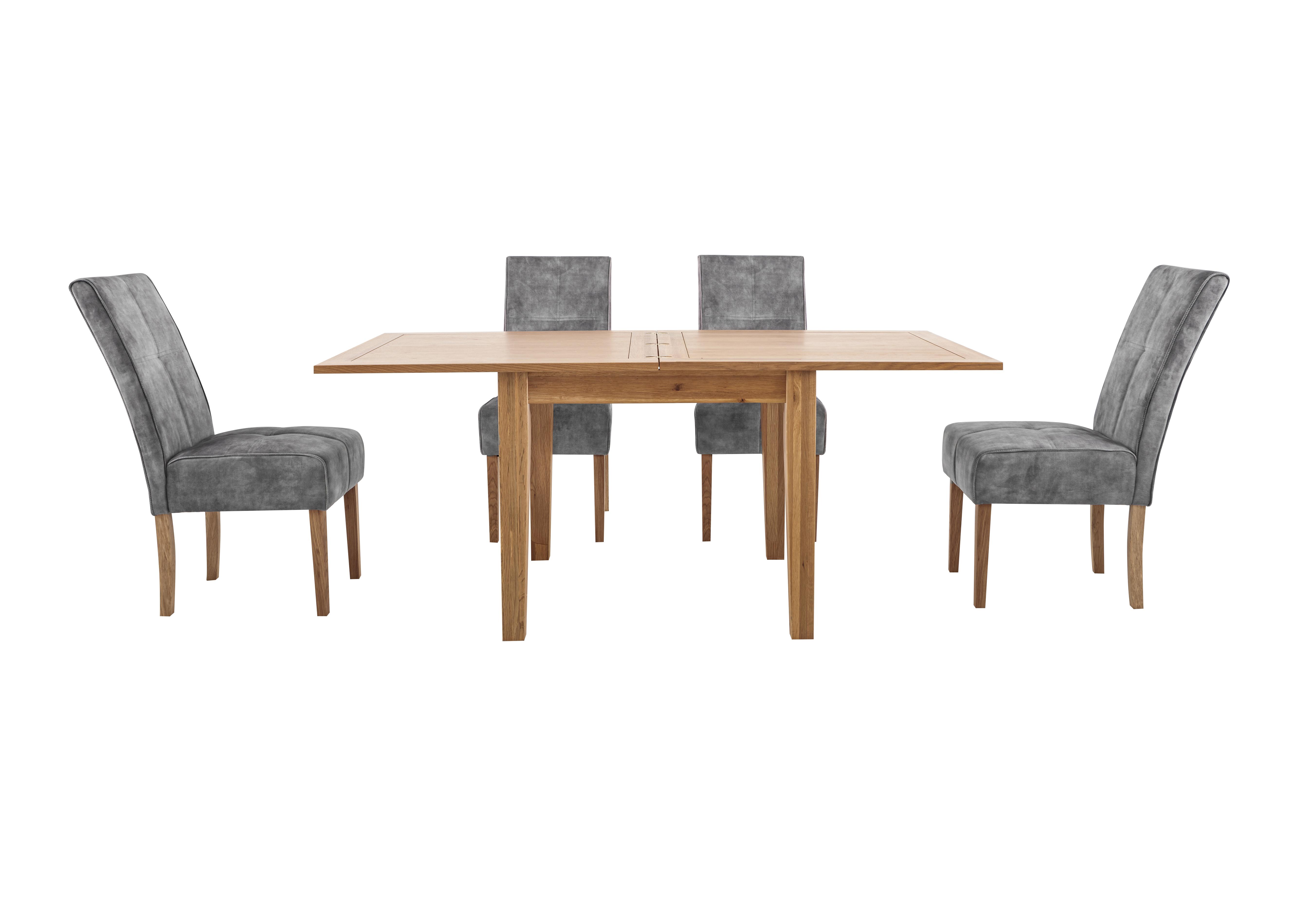 California Solid Oak Flip Top Extending Table and 4 Velvet Fabric Dining Chairs in Silver on Furniture Village