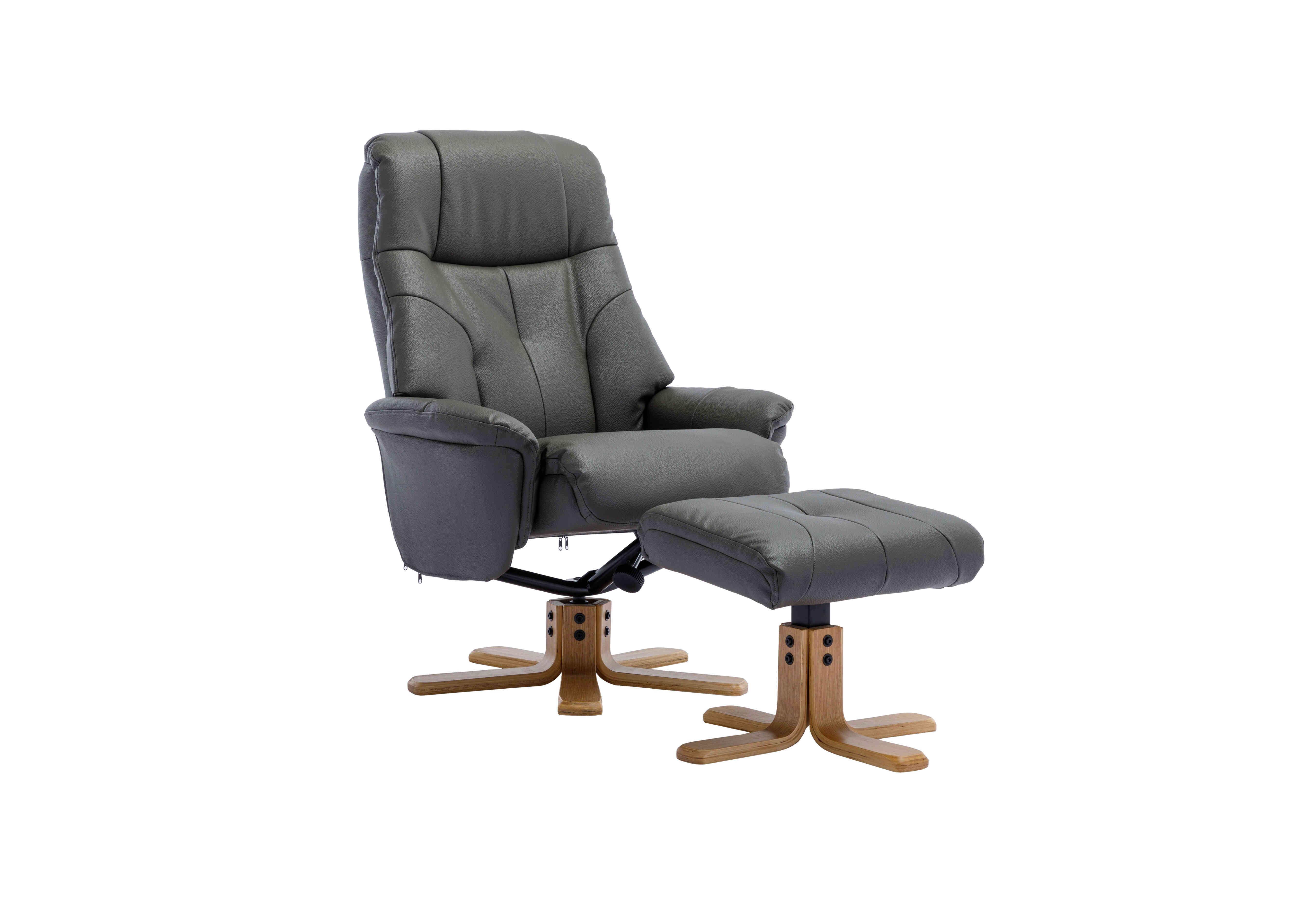 Muscat Faux Leather Swivel Recliner Chair and Footstool in Cinder Plush on Furniture Village