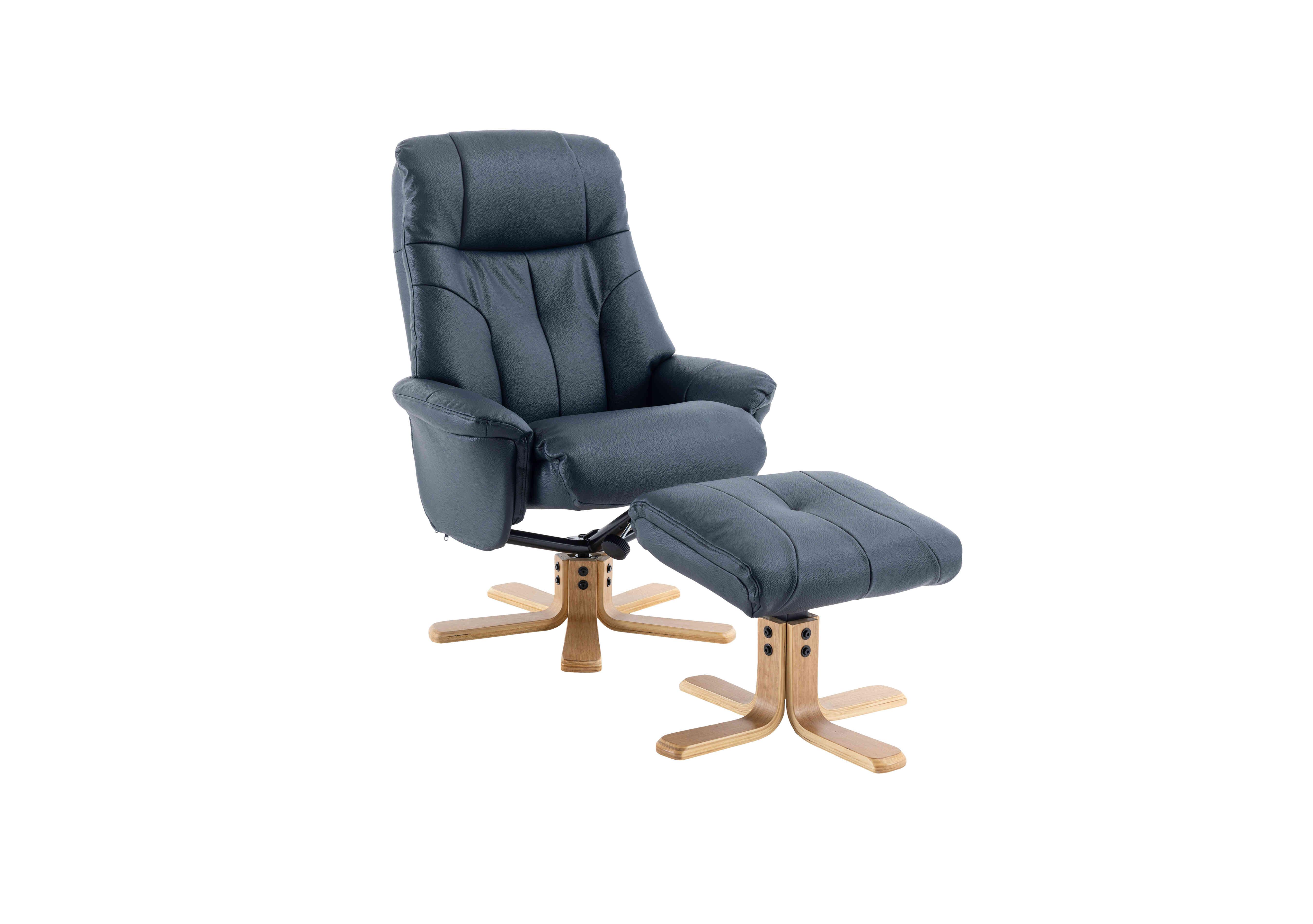 Muscat Faux Leather Swivel Recliner Chair and Footstool in Navy Plush on Furniture Village