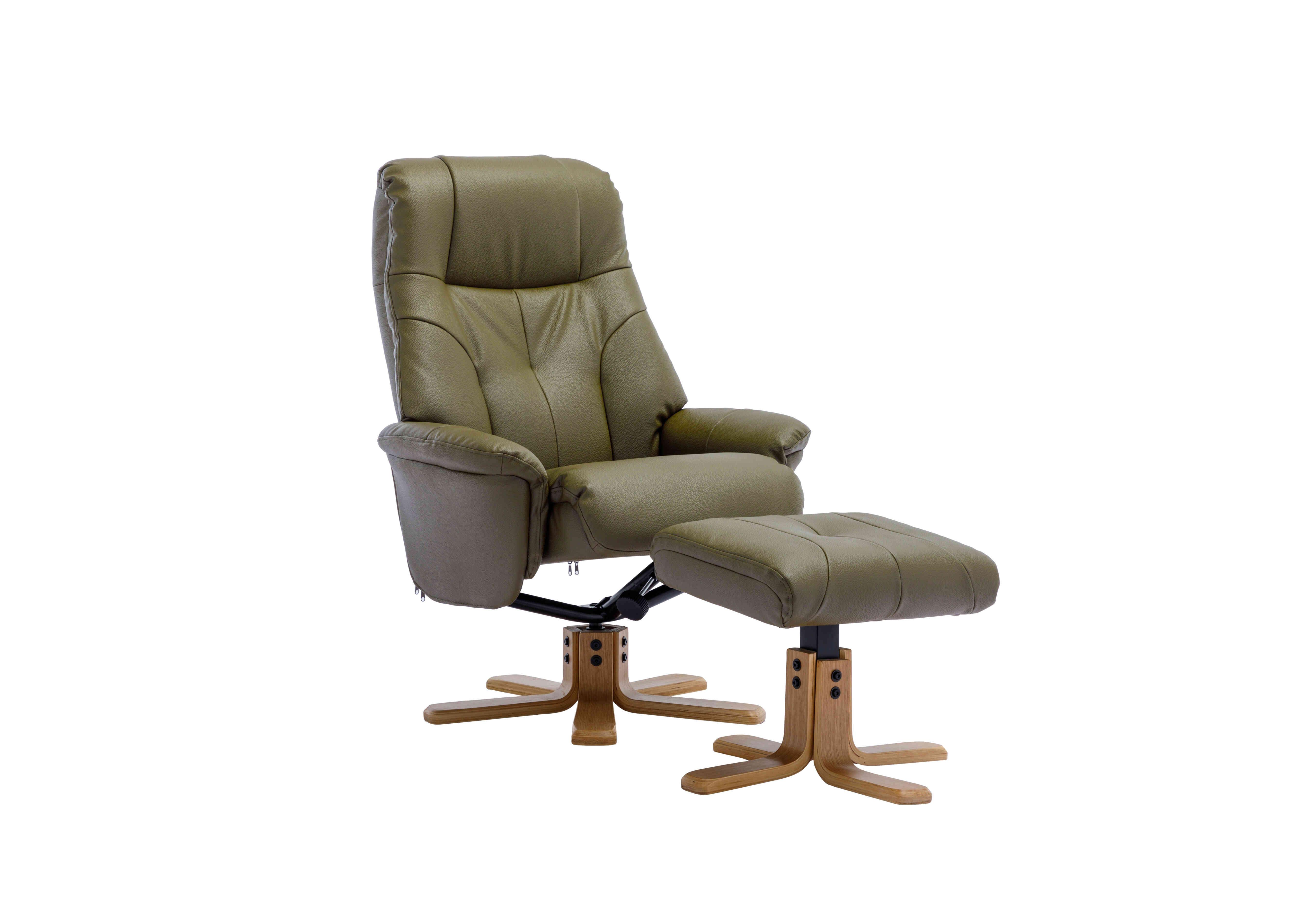Muscat Faux Leather Swivel Recliner Chair and Footstool in Olive Green Plush on Furniture Village