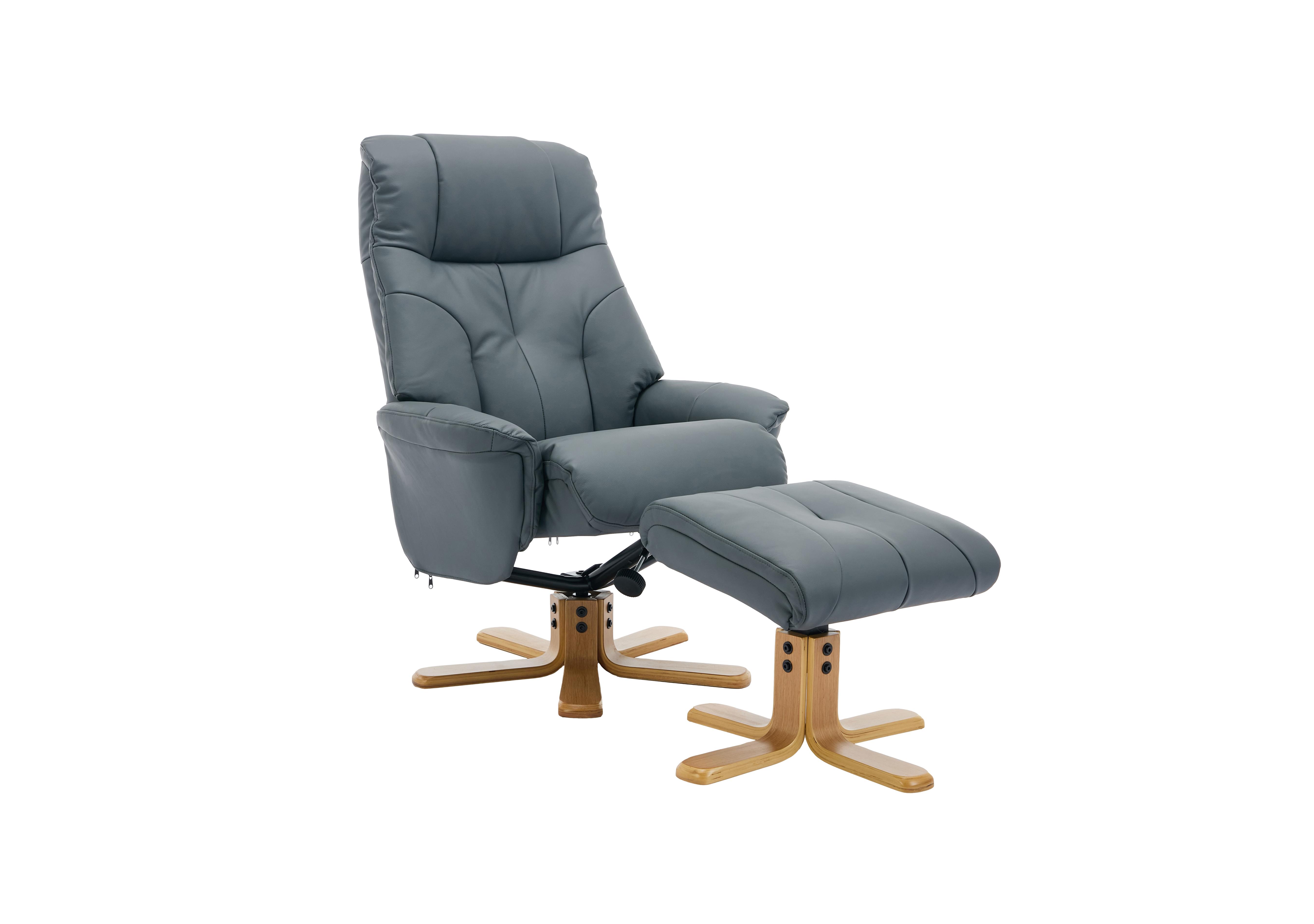 Muscat Leather Swivel Recliner Chair and Footstool in Petrol Blue on Furniture Village