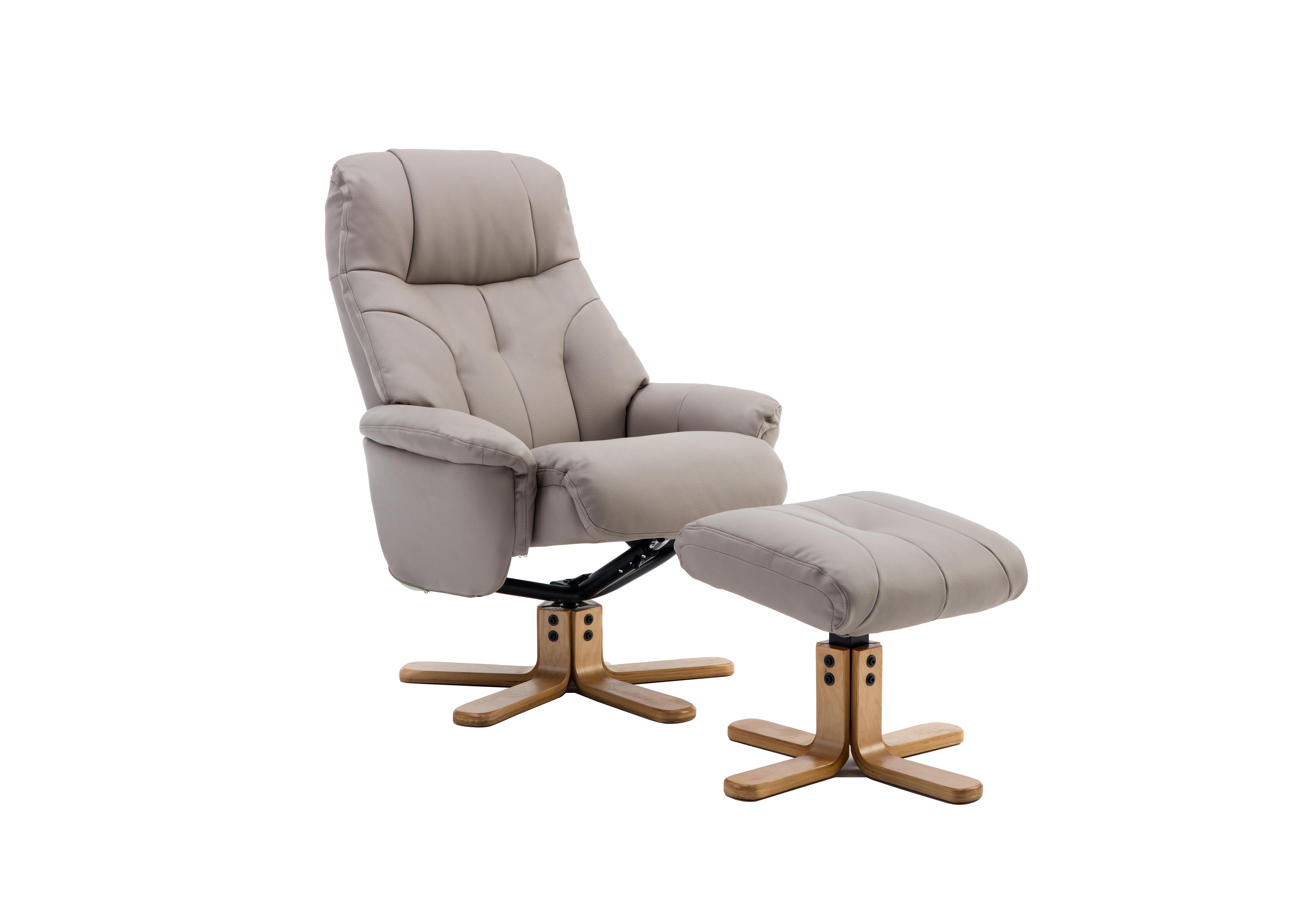 Muscat Faux Leather Swivel Recliner Chair and Footstool in Plush Pebble on Furniture Village