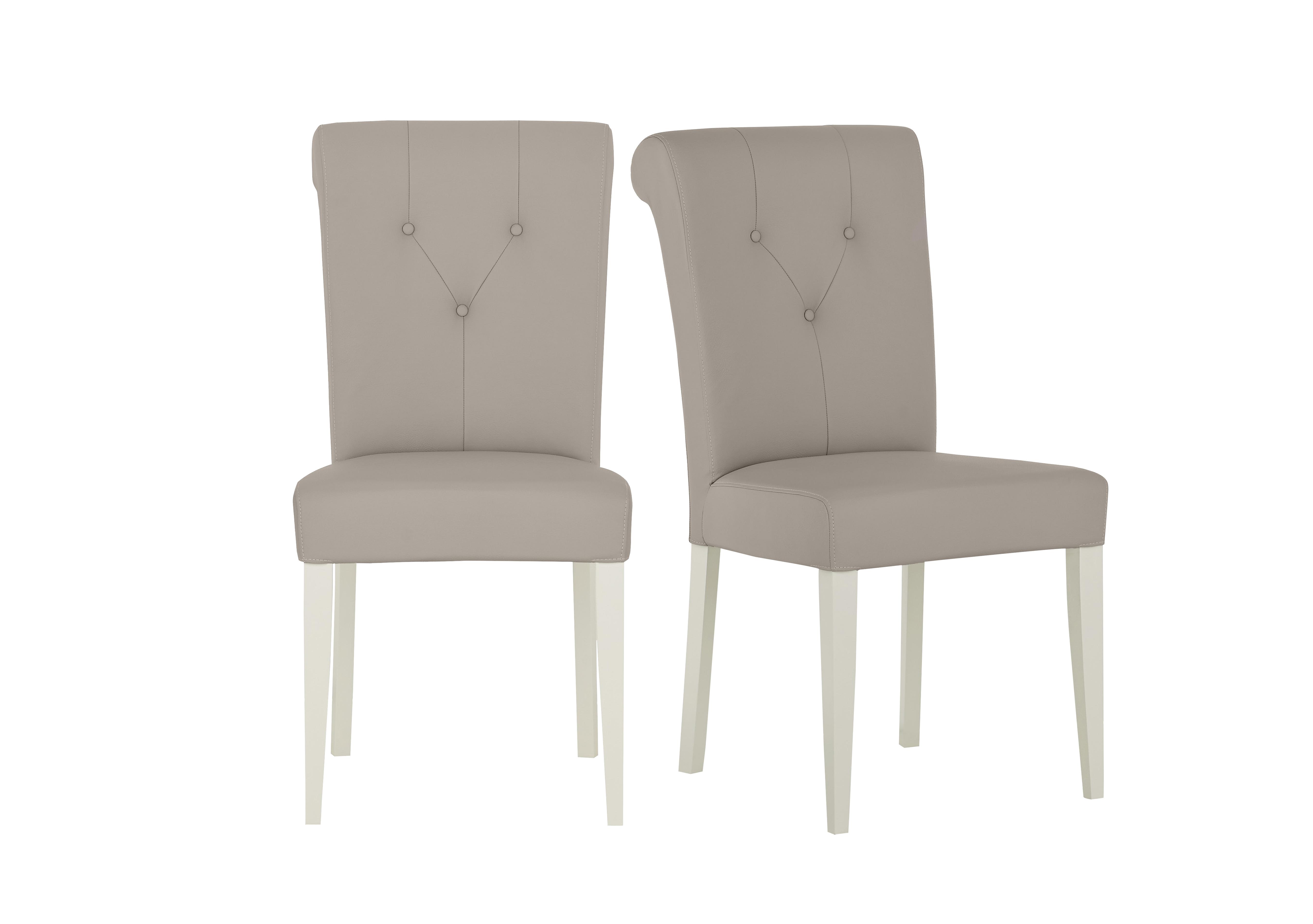 Annecy Pair of Upholstered Faux Leather Roll Back Dining Chairs in Soft Grey Paint on Furniture Village