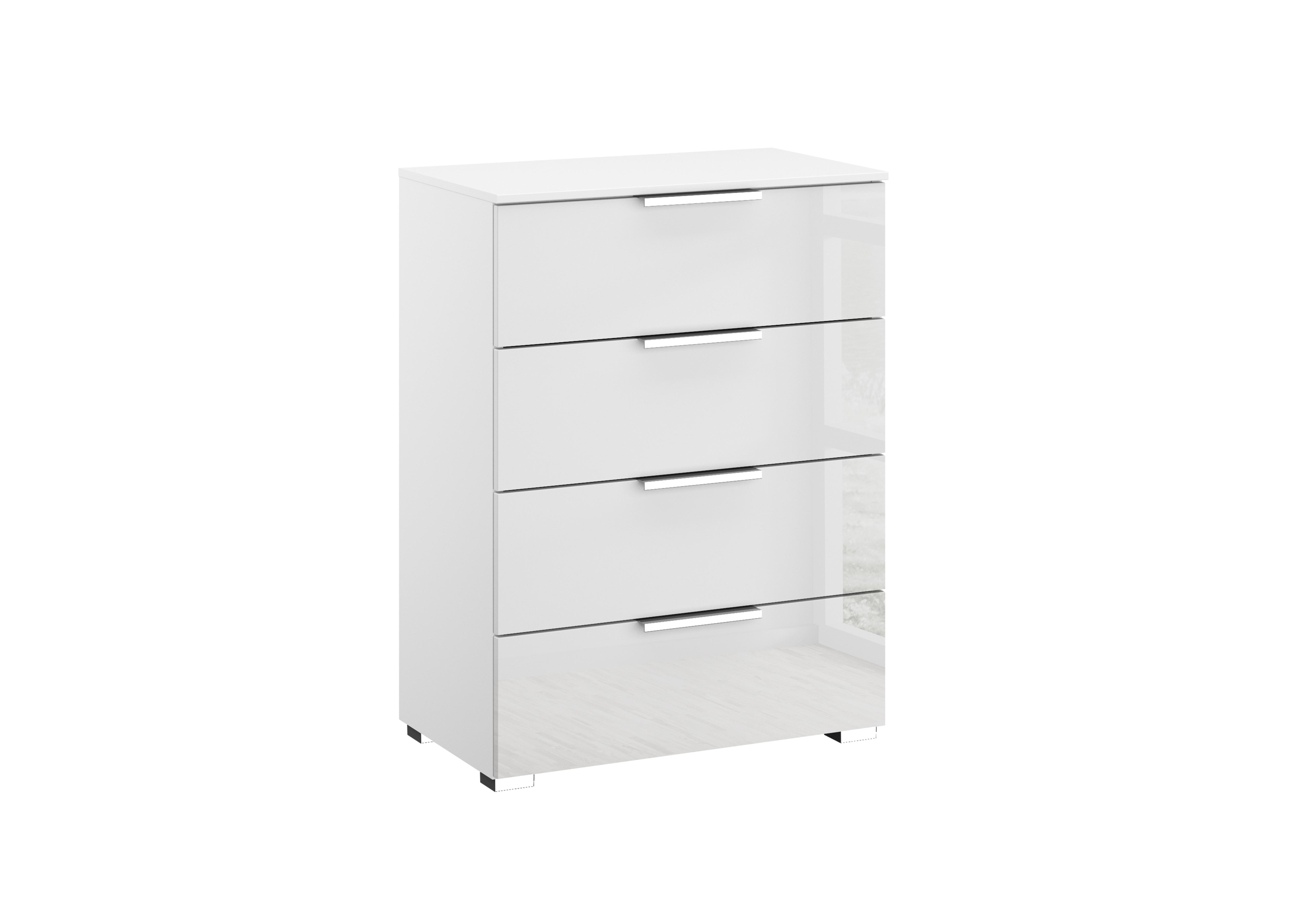 Perth 4 Drawer Bedside chest in Z2600 White Carc/White Glass on Furniture Village