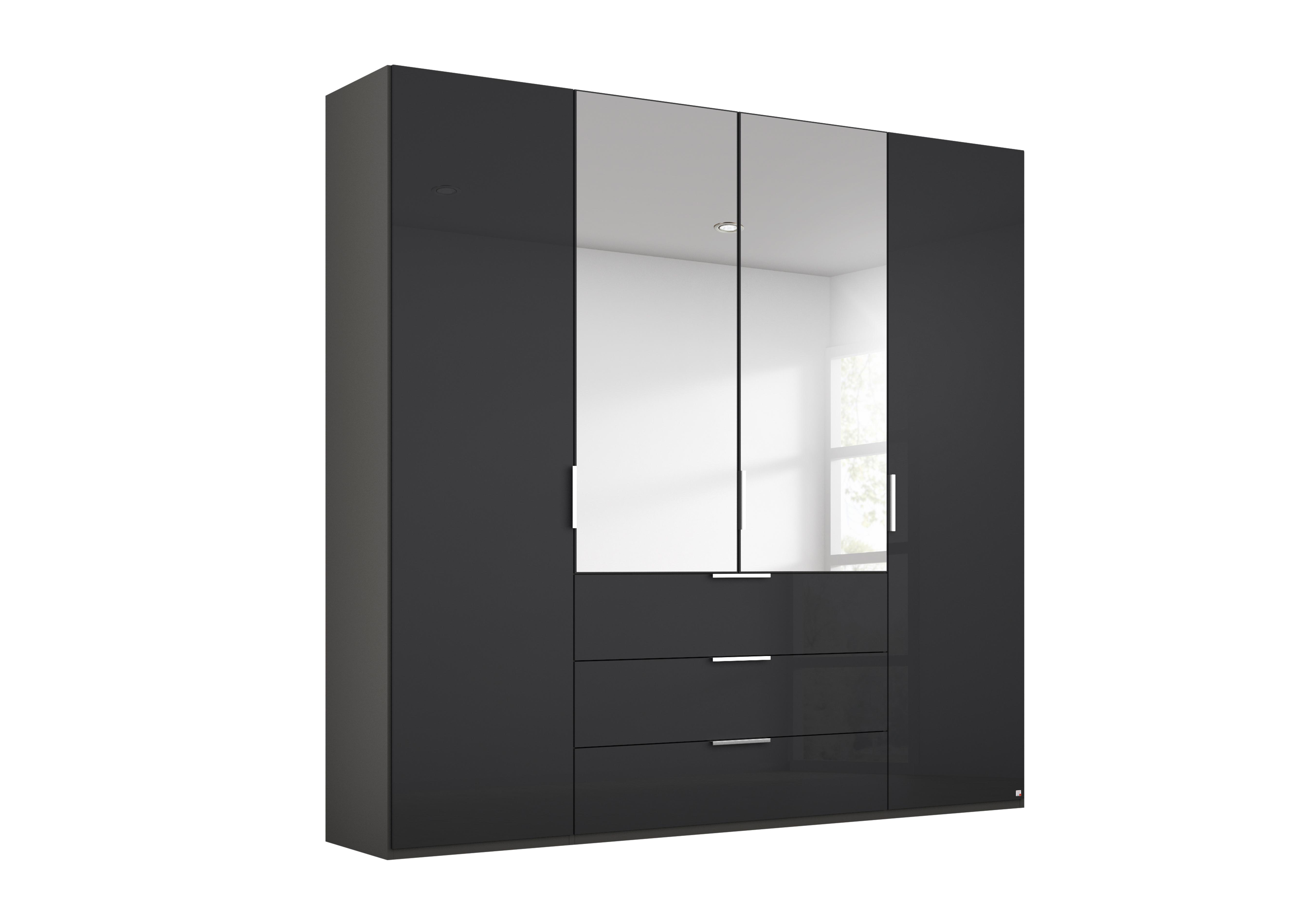 Formes Glass 4 Door Combo Hinged Wardrobe with 2 Mirrors and Drawers in A140b Graphite Basalt Front on Furniture Village