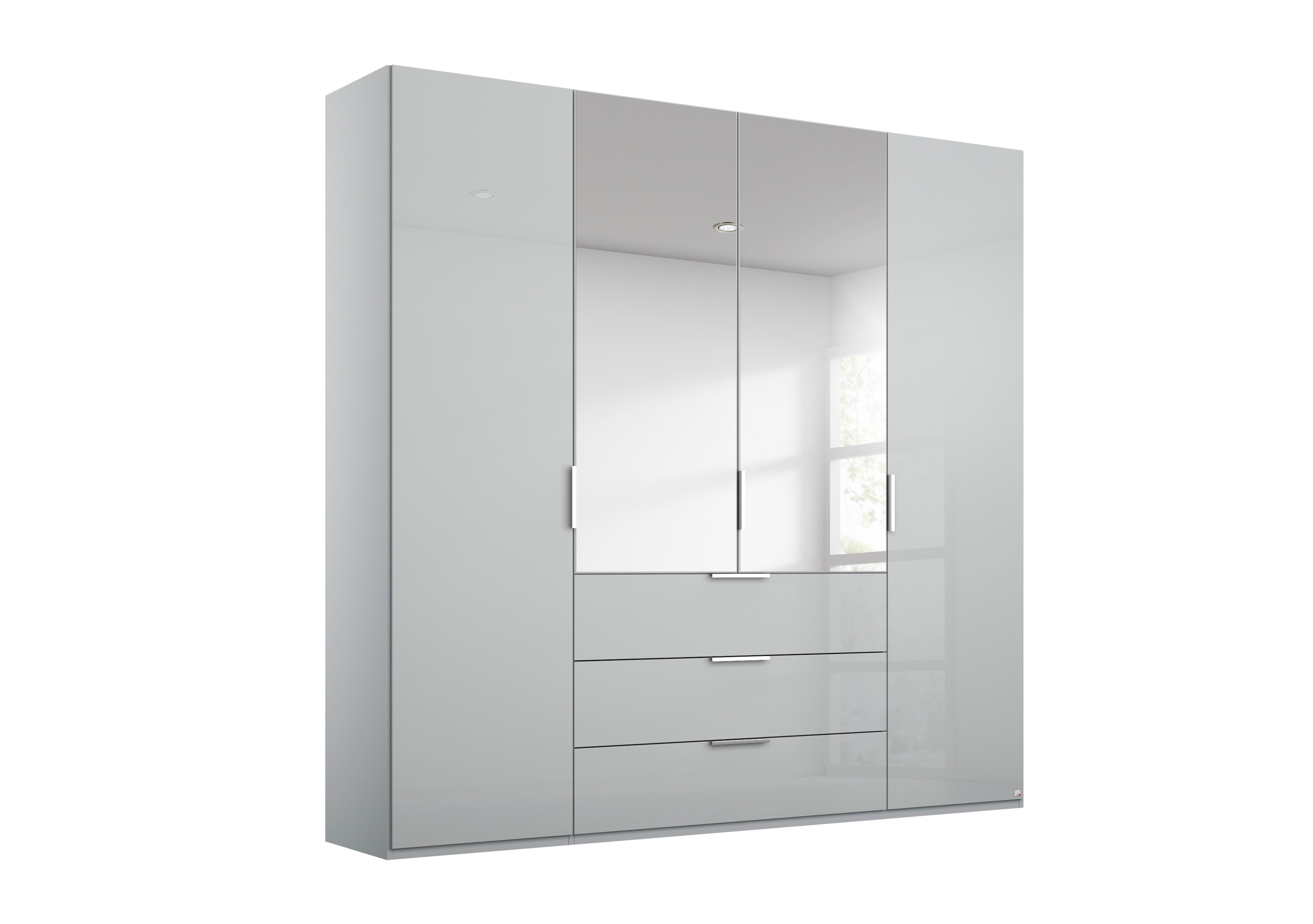 Formes Glass 4 Door Combi Hinged Wardrobe with 2 Mirrors and Drawers in A145b Silk Grey Silk Grey Frnt on Furniture Village