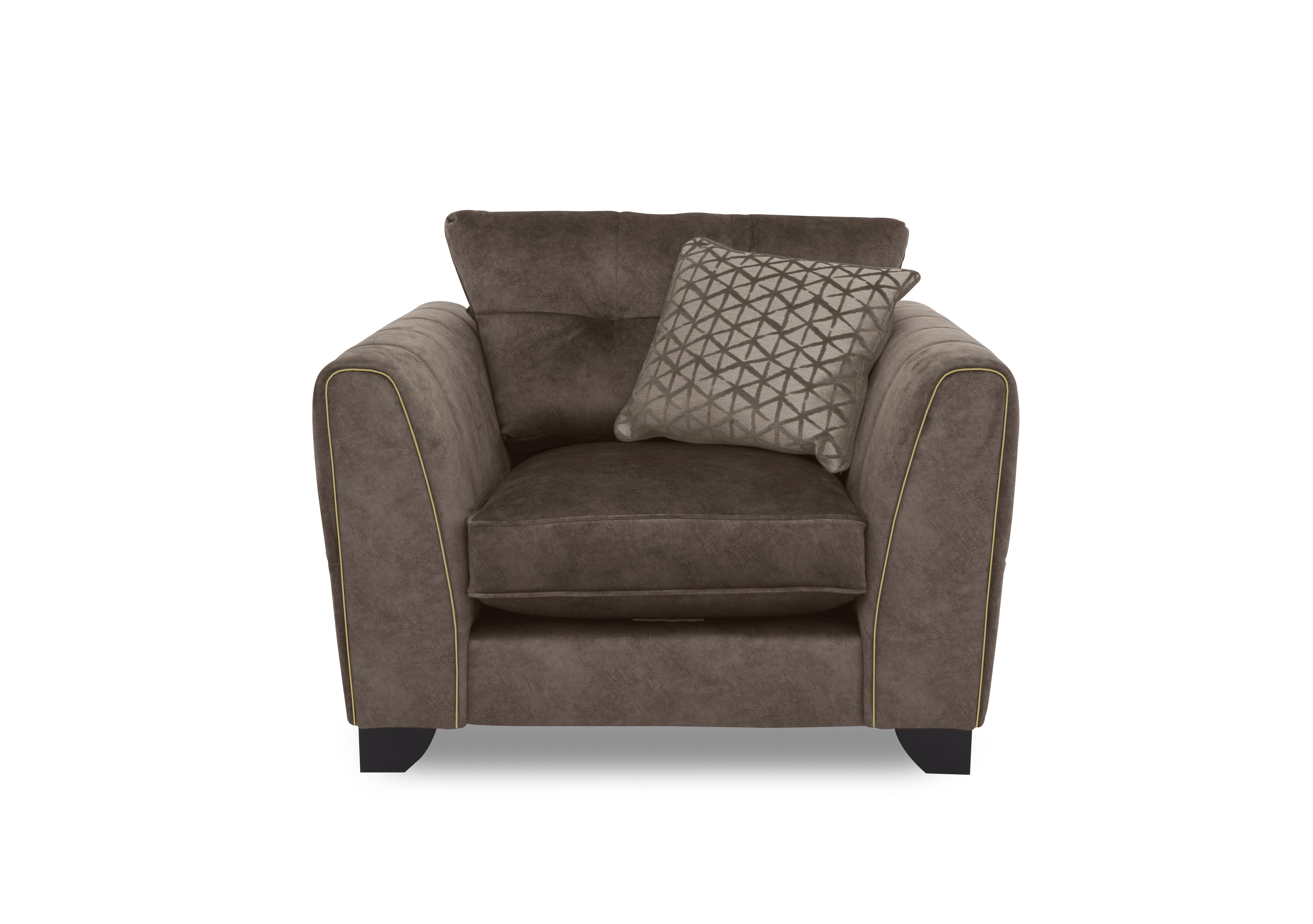 Ariana Fabric Classic Back Armchair in Dapple Chocolate Brass Insert on Furniture Village