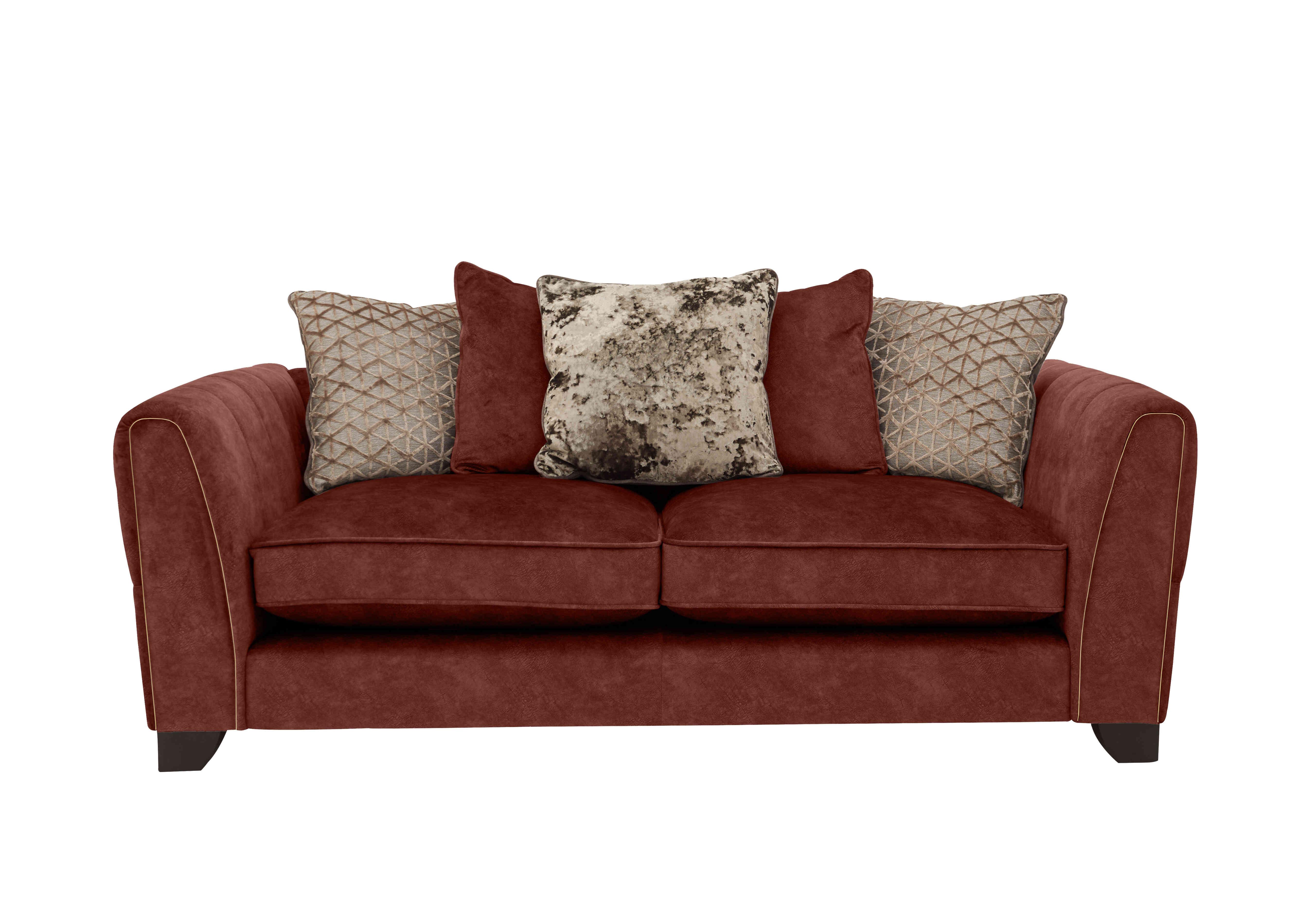 Ariana 3 Seater Fabric Pillow Back Sofa in Dapple Oxblood Brass Insert on Furniture Village
