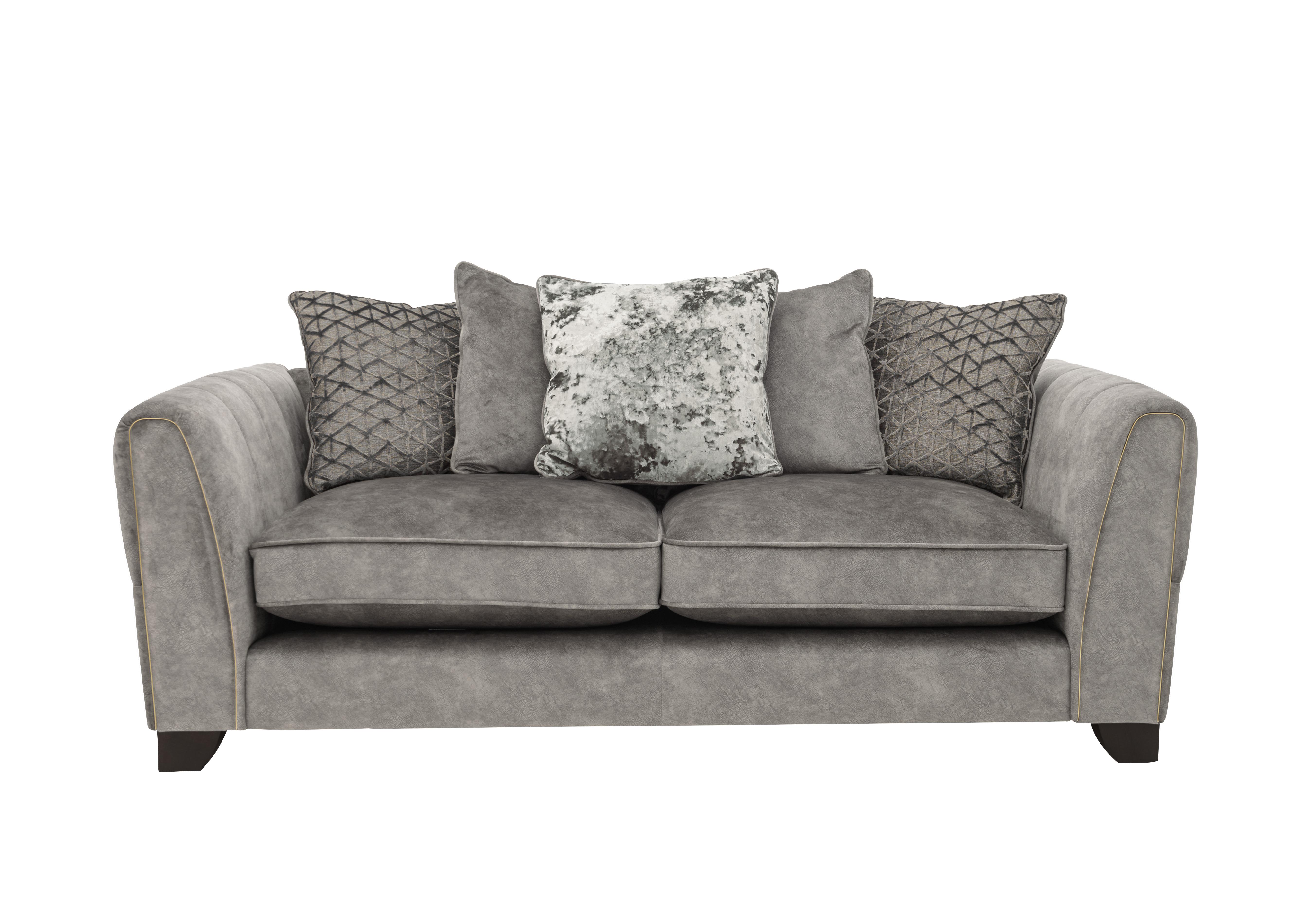 Ariana 3 Seater Fabric Pillow Back Sofa in Dapple Silver Brass Insert on Furniture Village