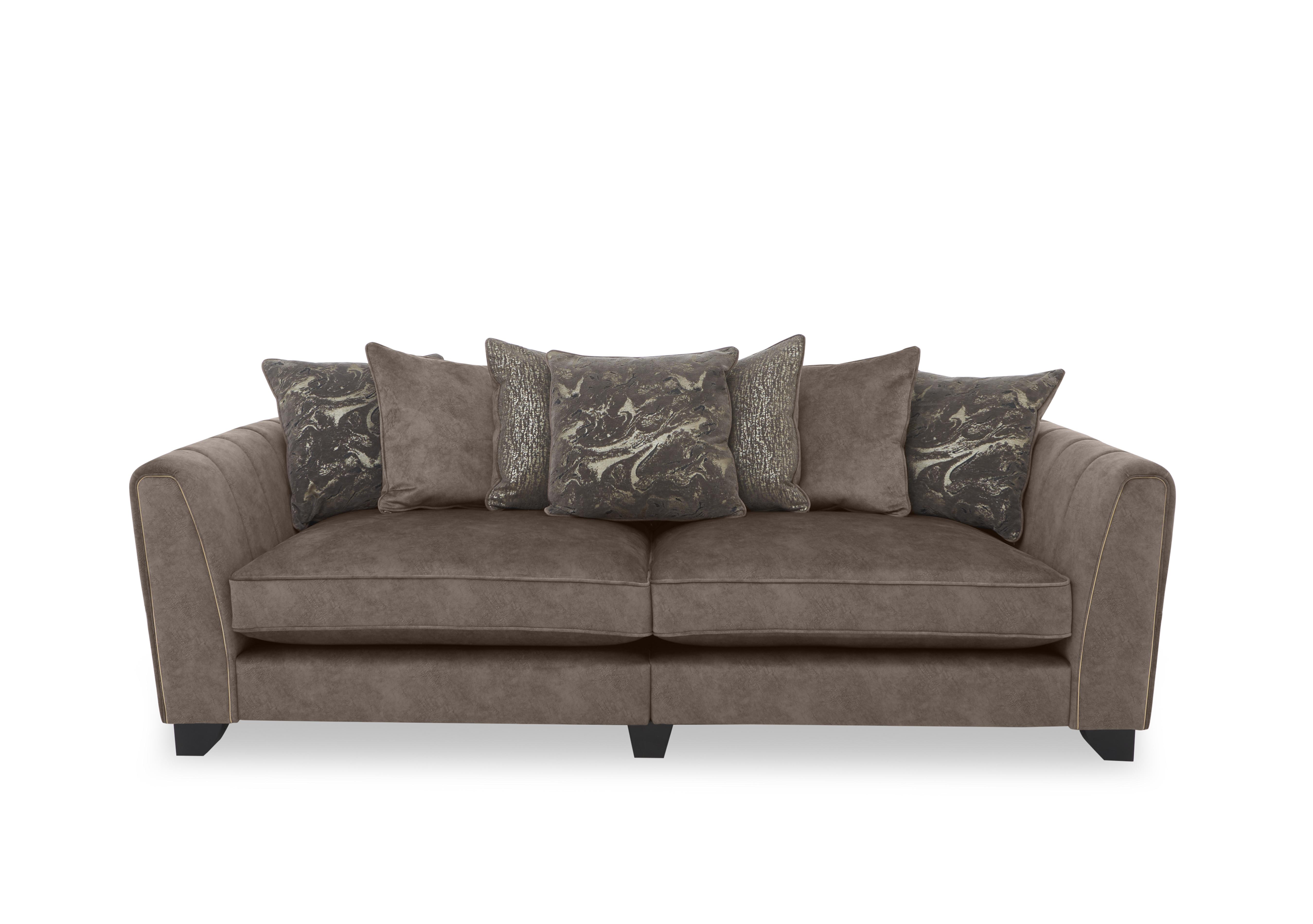 Ariana 4 Seater Fabric Pillow Back Split Frame Sofa in Chocolate Portoro Brass Trim on Furniture Village