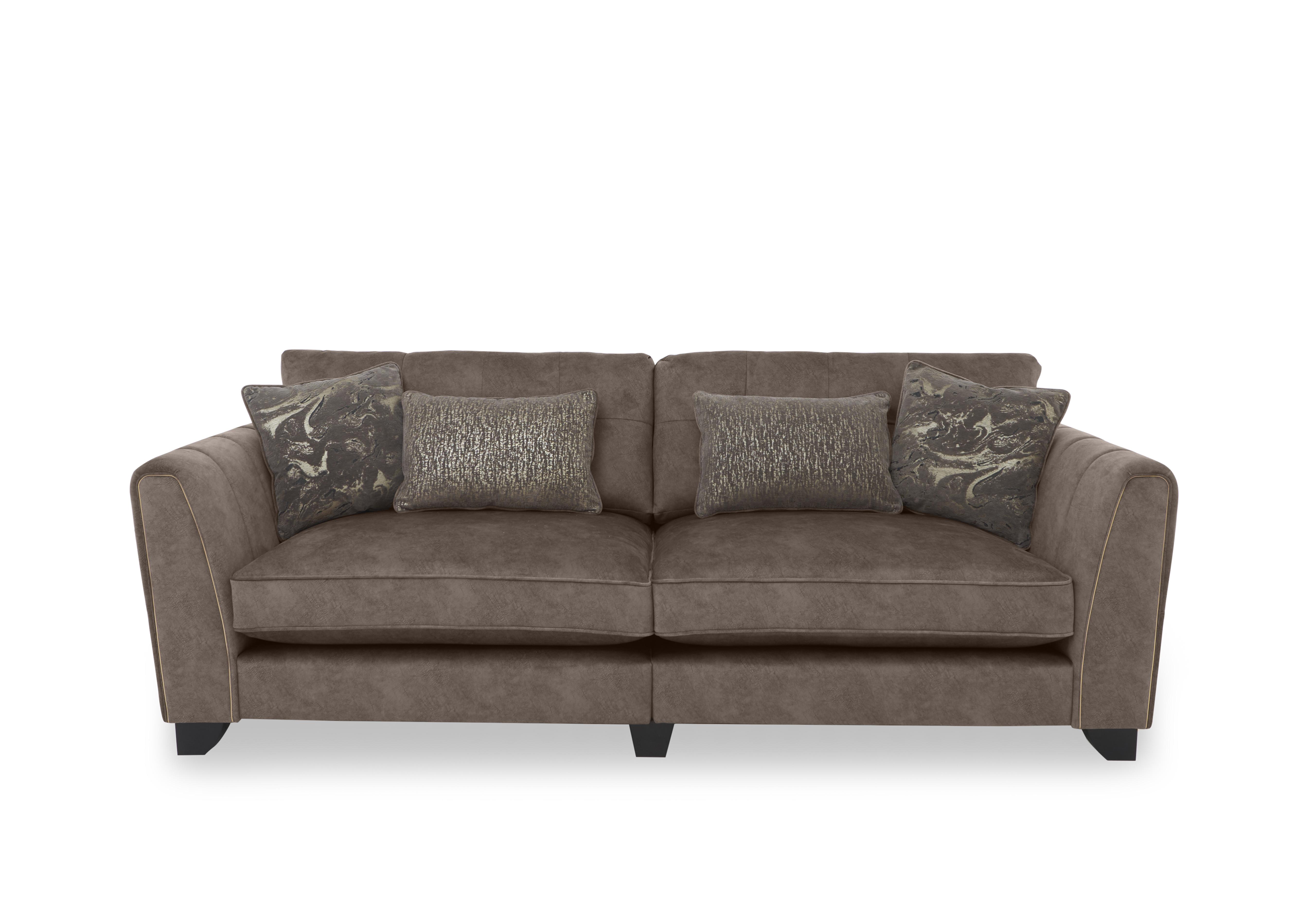 Ariana 4 Seater Fabric Classic Back Split Frame Sofa in Chocolate Portoro Brass Trim on Furniture Village