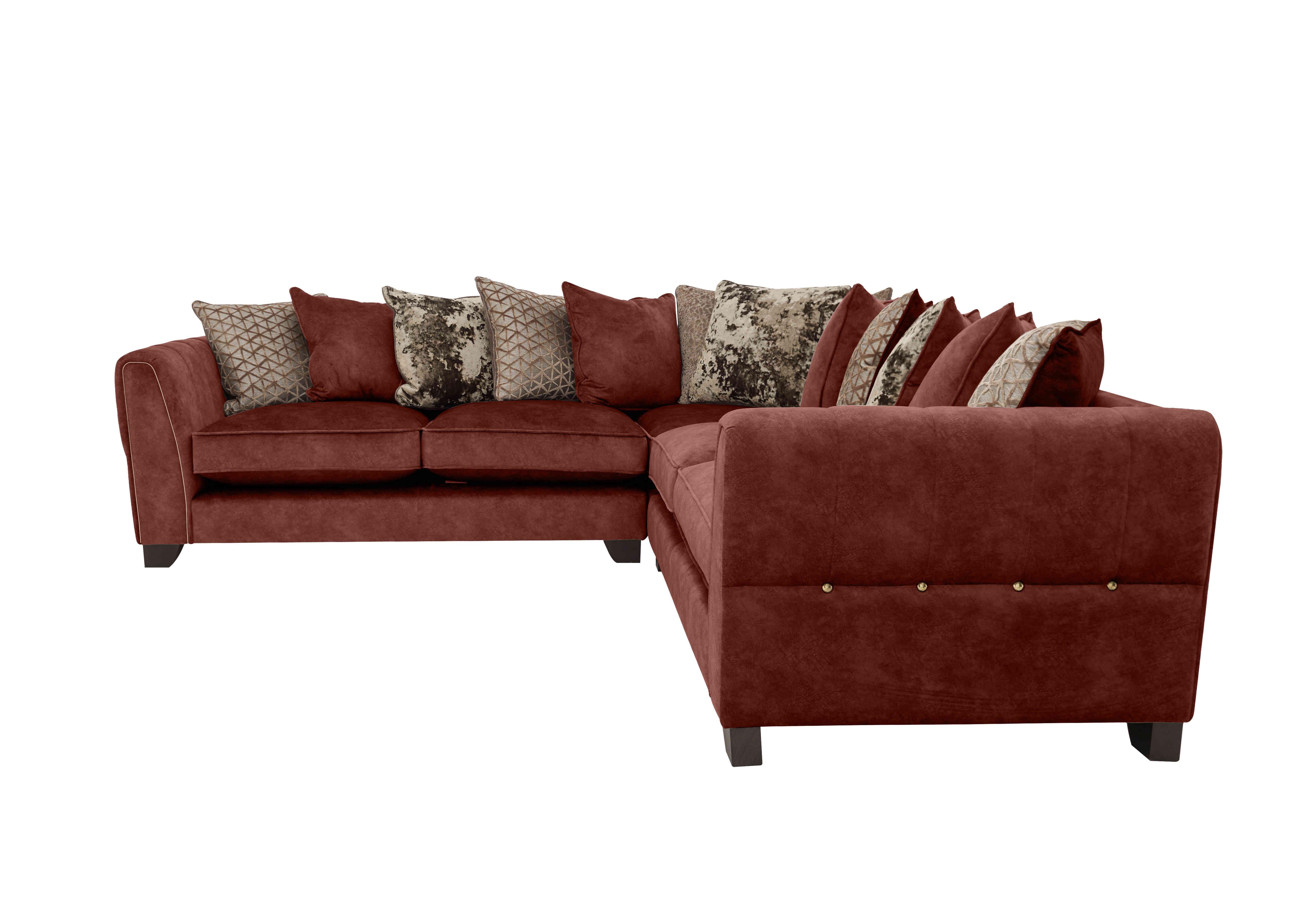 Ariana Large Fabric Pillow Back Corner Sofa in Dapple Oxblood Brass Insert on Furniture Village