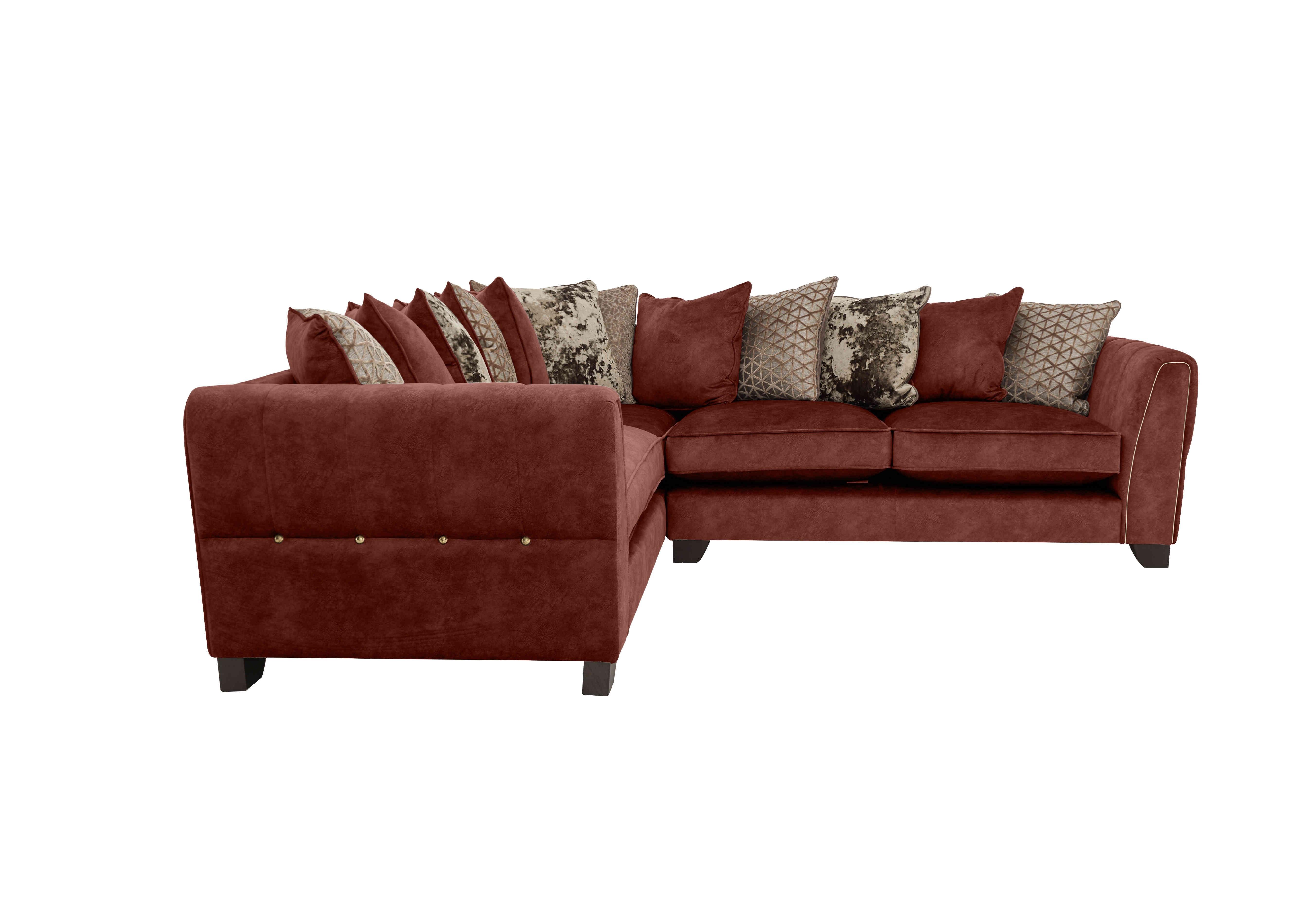 Ariana Small Fabric Pillow Back Corner Sofa in Dapple Oxblood Brass Insert on Furniture Village