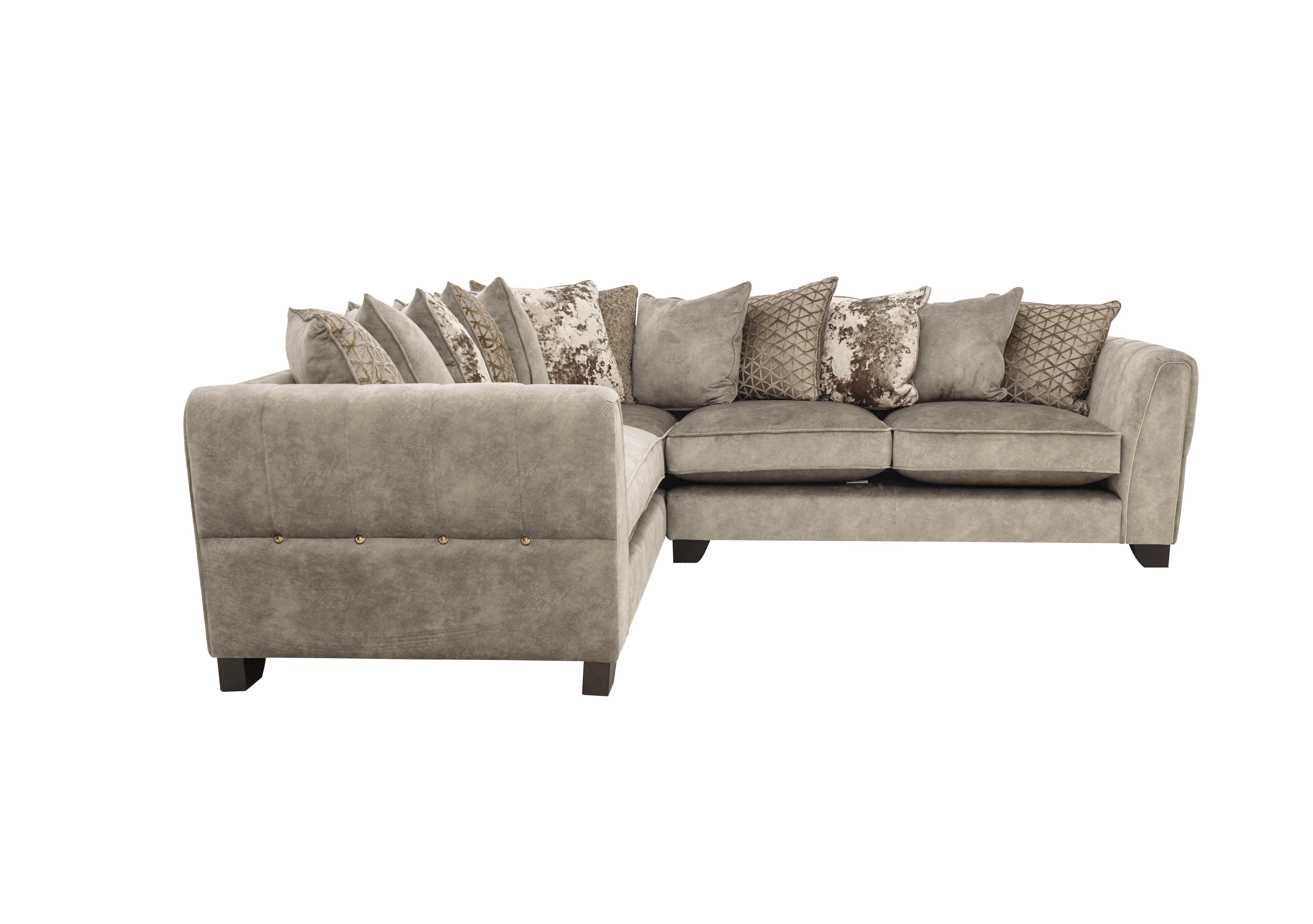 Ariana Small Fabric Pillow Back Corner Sofa in Dapple Oyster Brass Insert on Furniture Village