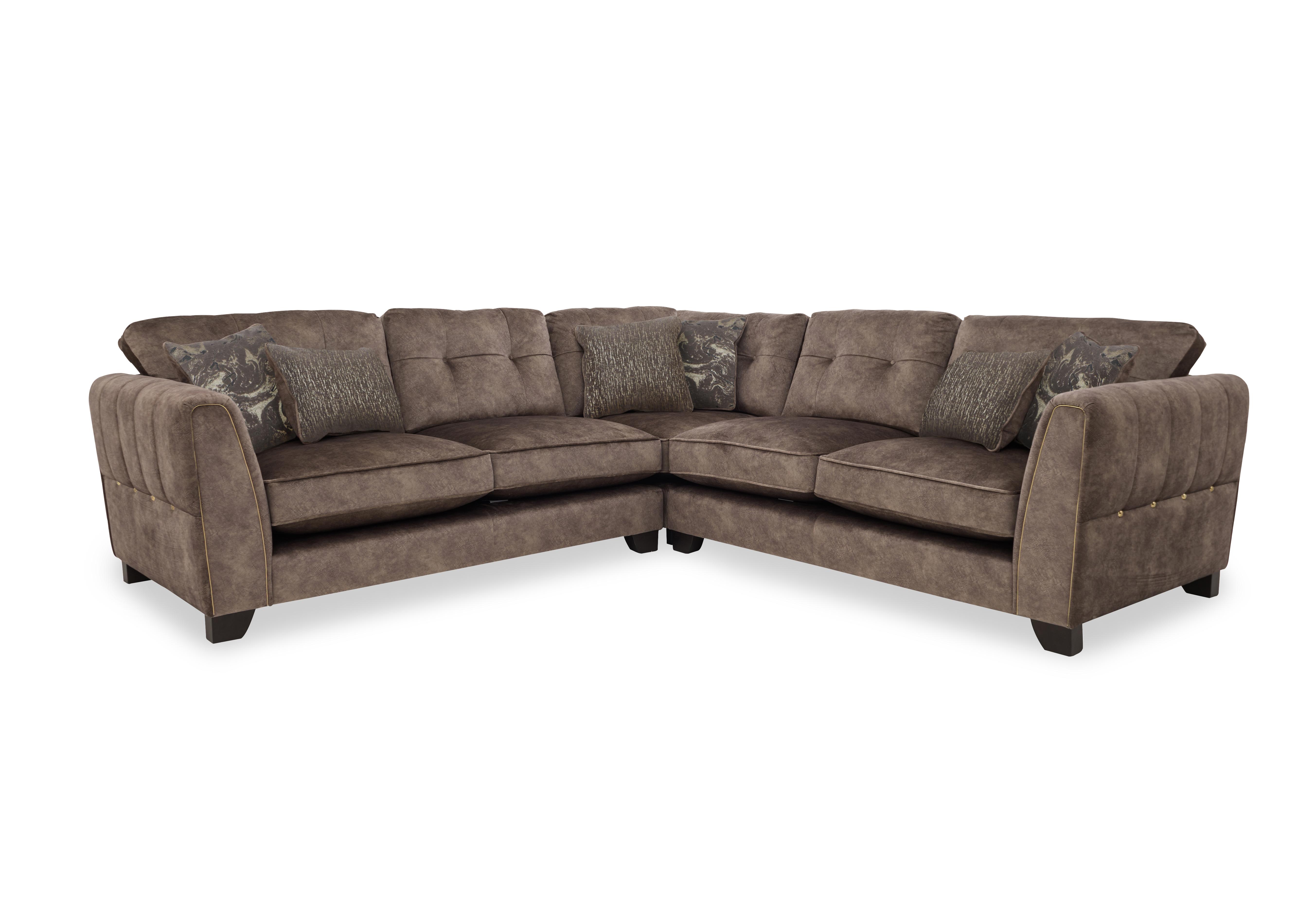 Ariana Large Fabric Classic Back Corner Sofa in Chocolate Portoro Brass Trim on Furniture Village
