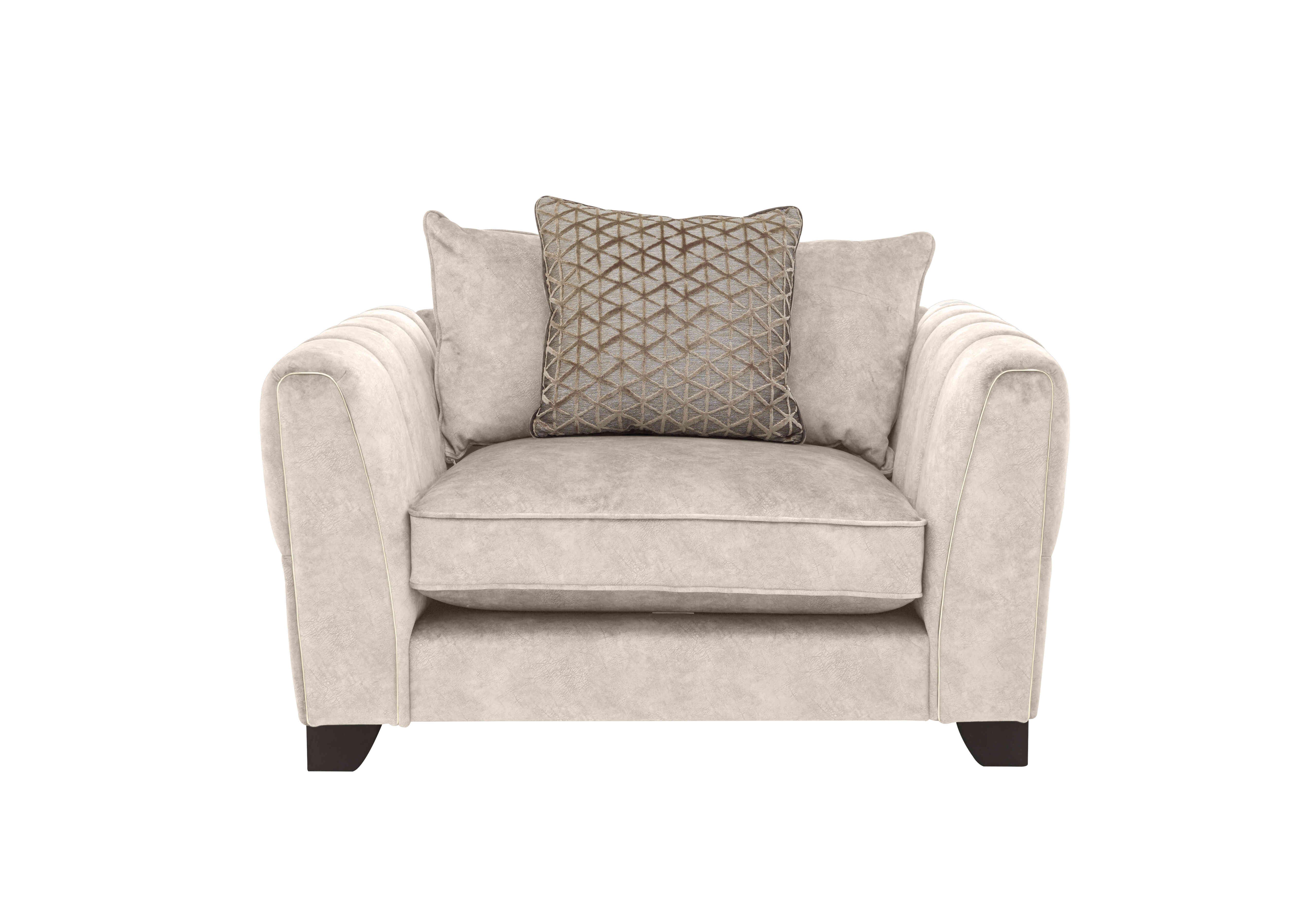 Ariana Pillow Back Fabric Snuggler Chair in Dapple Cream Brass Insert on Furniture Village