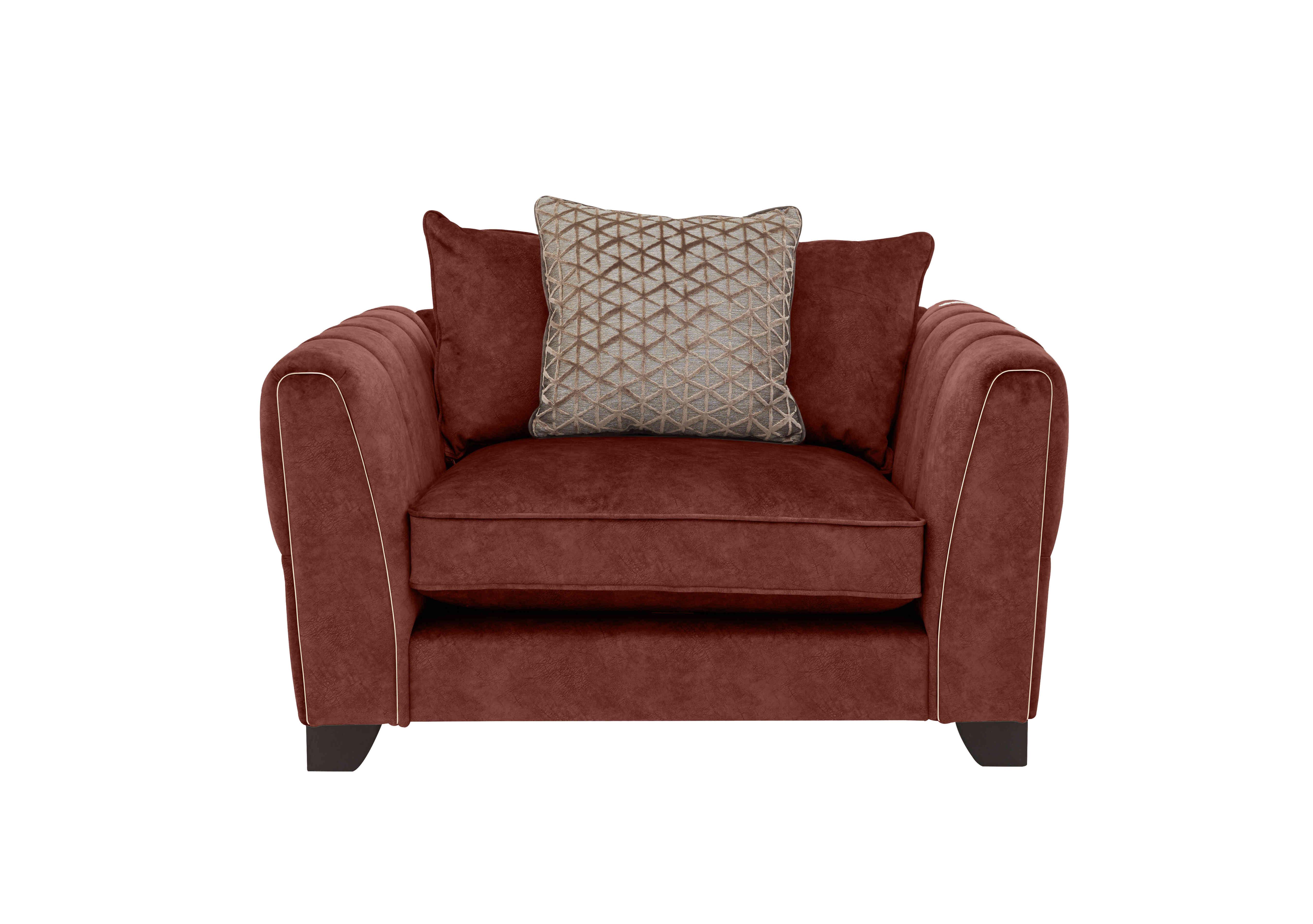 Ariana Pillow Back Fabric Snuggler Chair in Dapple Oxblood Brass Insert on Furniture Village