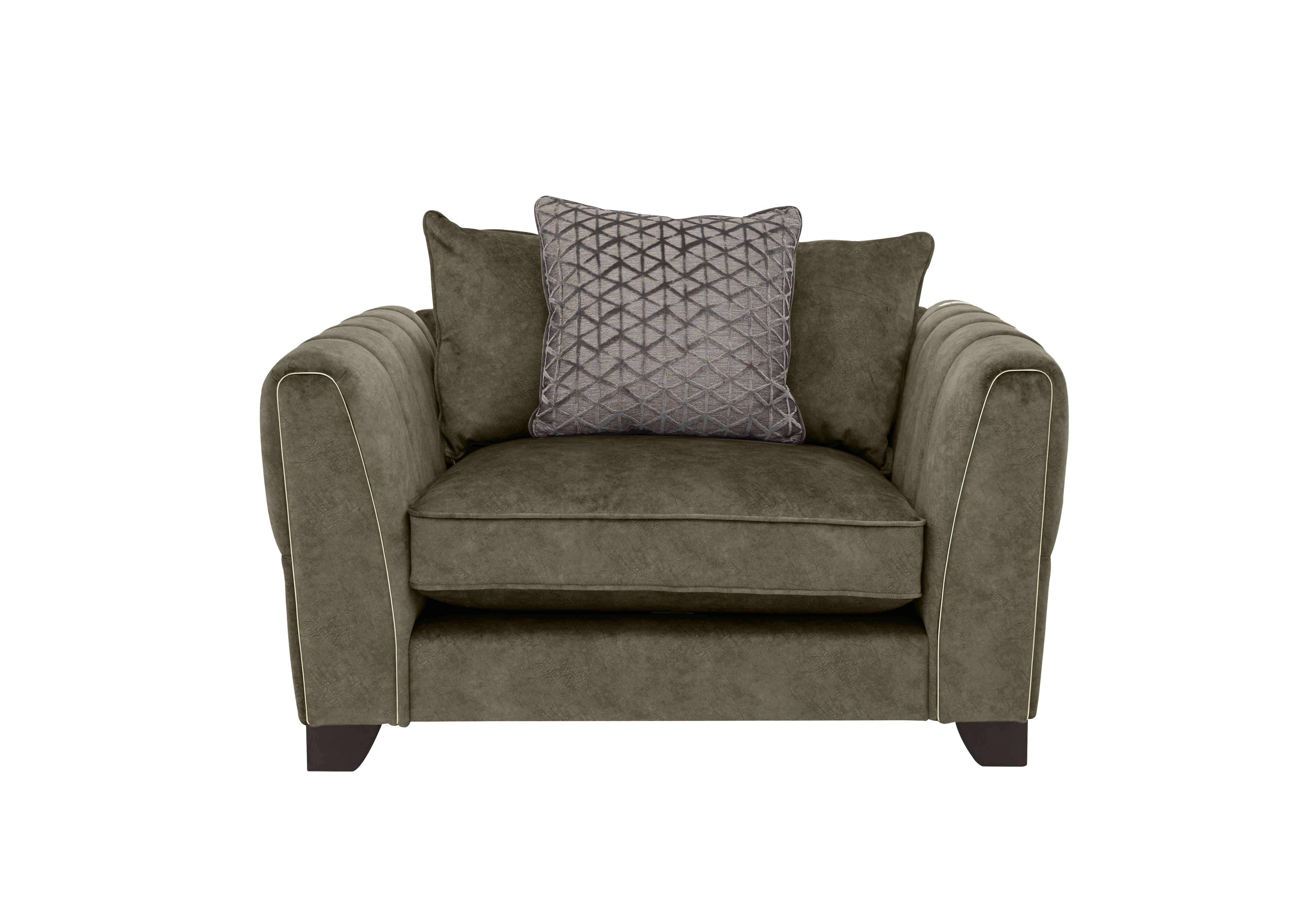 Ariana Pillow Back Fabric Snuggler Chair in Dapple Sage Brass Insert on Furniture Village