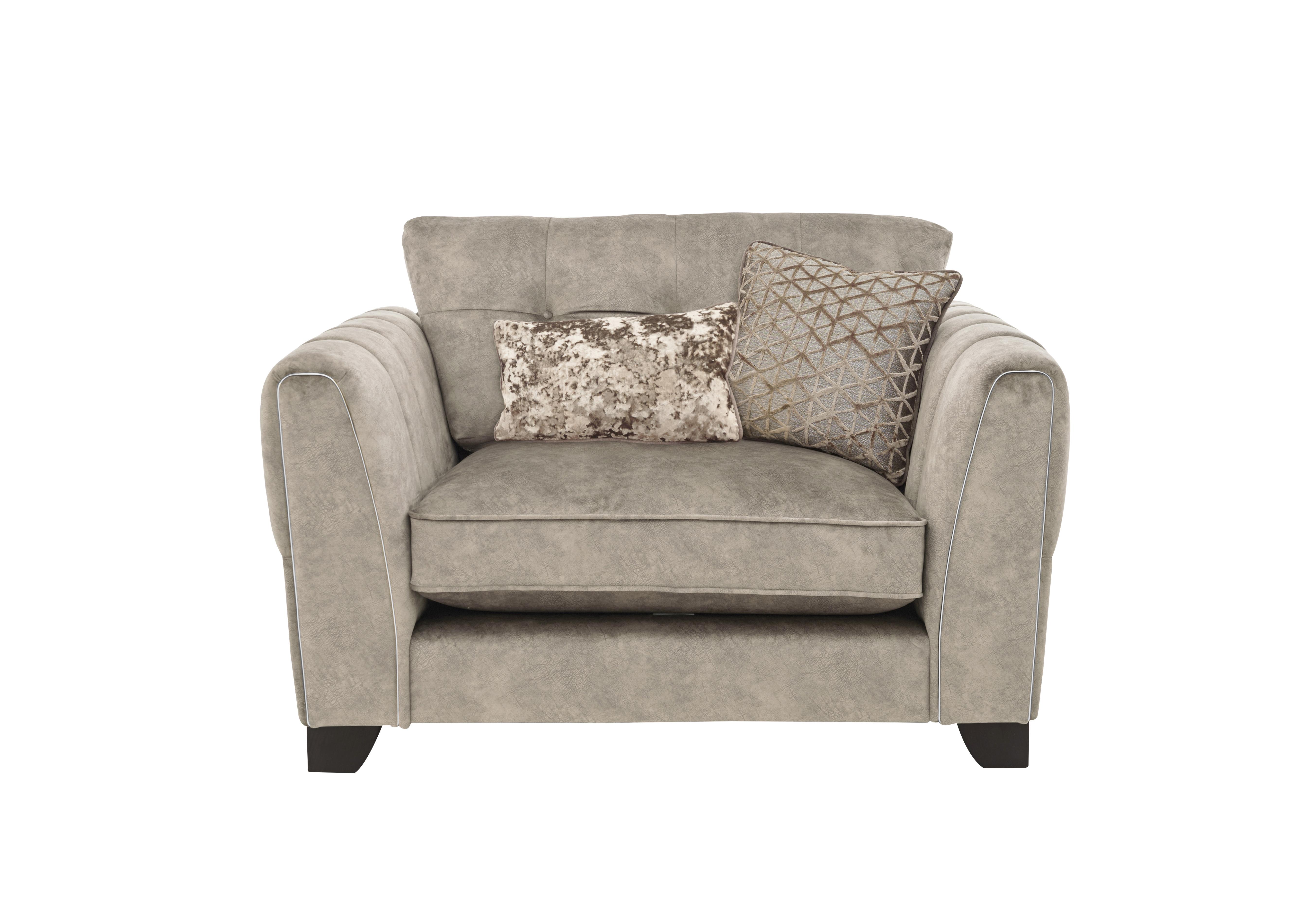 Ariana Classic Back Fabric Snuggler Chair in Dapple Oyster Chrome Insert on Furniture Village