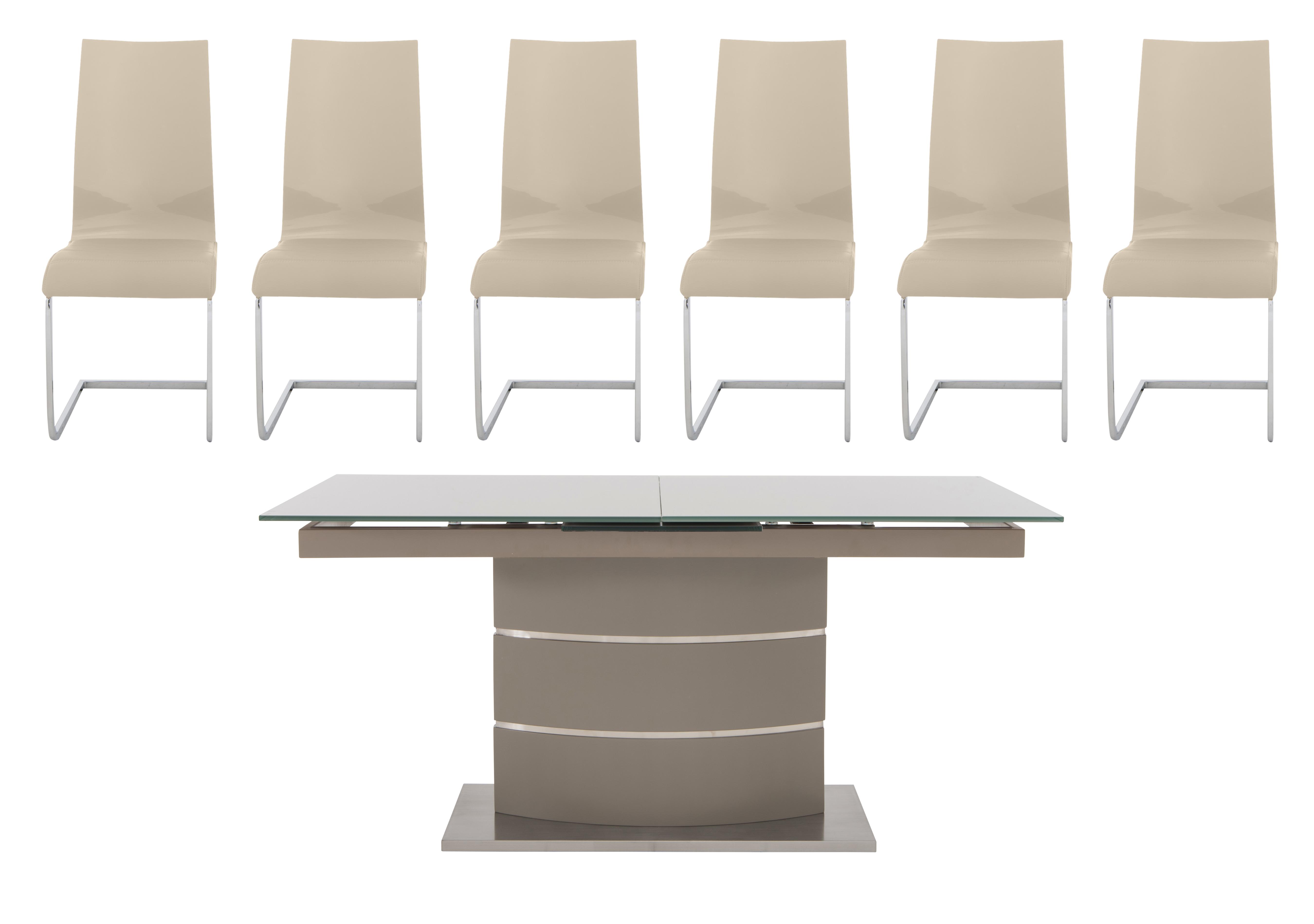 Malibu Taupe Extending Table and 6 Lacquer Dining Chairs in Cream on Furniture Village